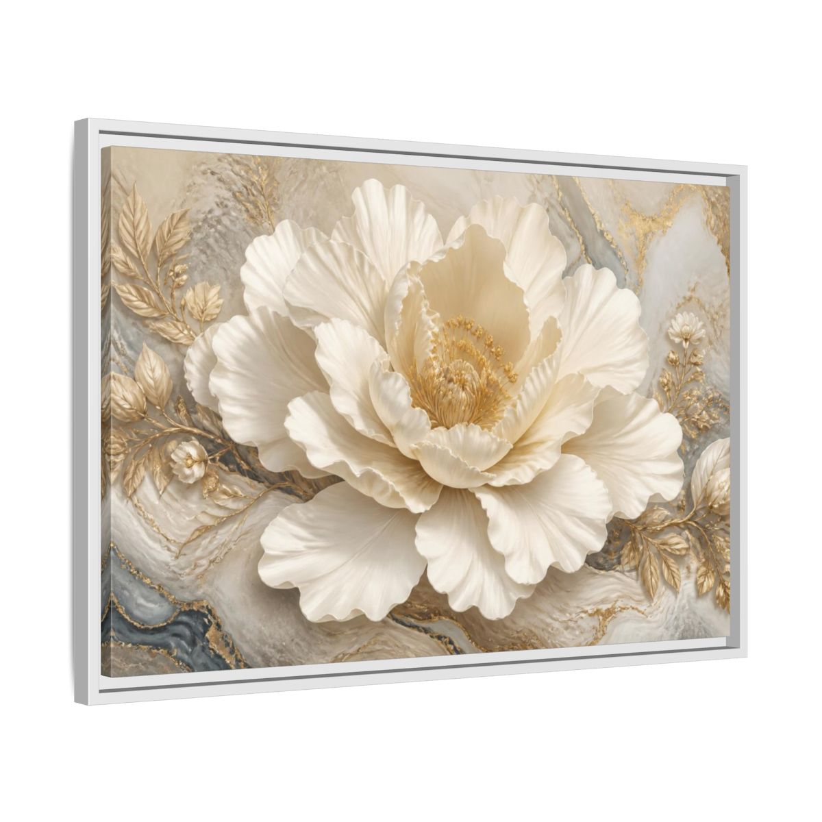 Side Mockup 10. Ivory Floral Peony Sculpture shown as framed canvas print