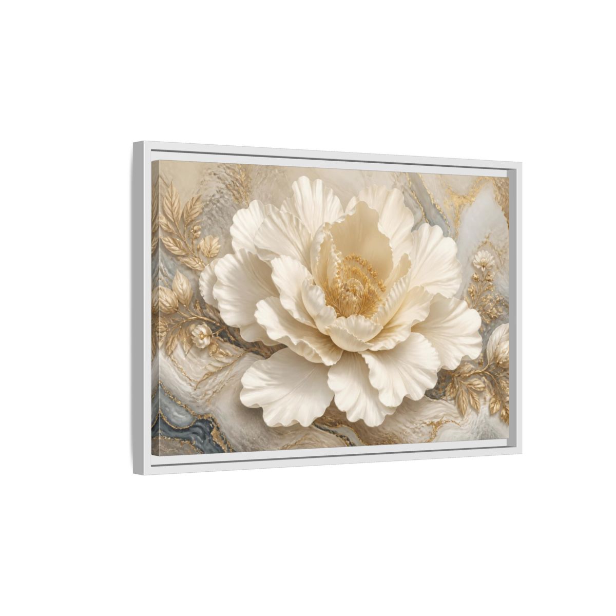 Side Mockup 1. Ivory Floral Peony Sculpture shown as framed canvas print