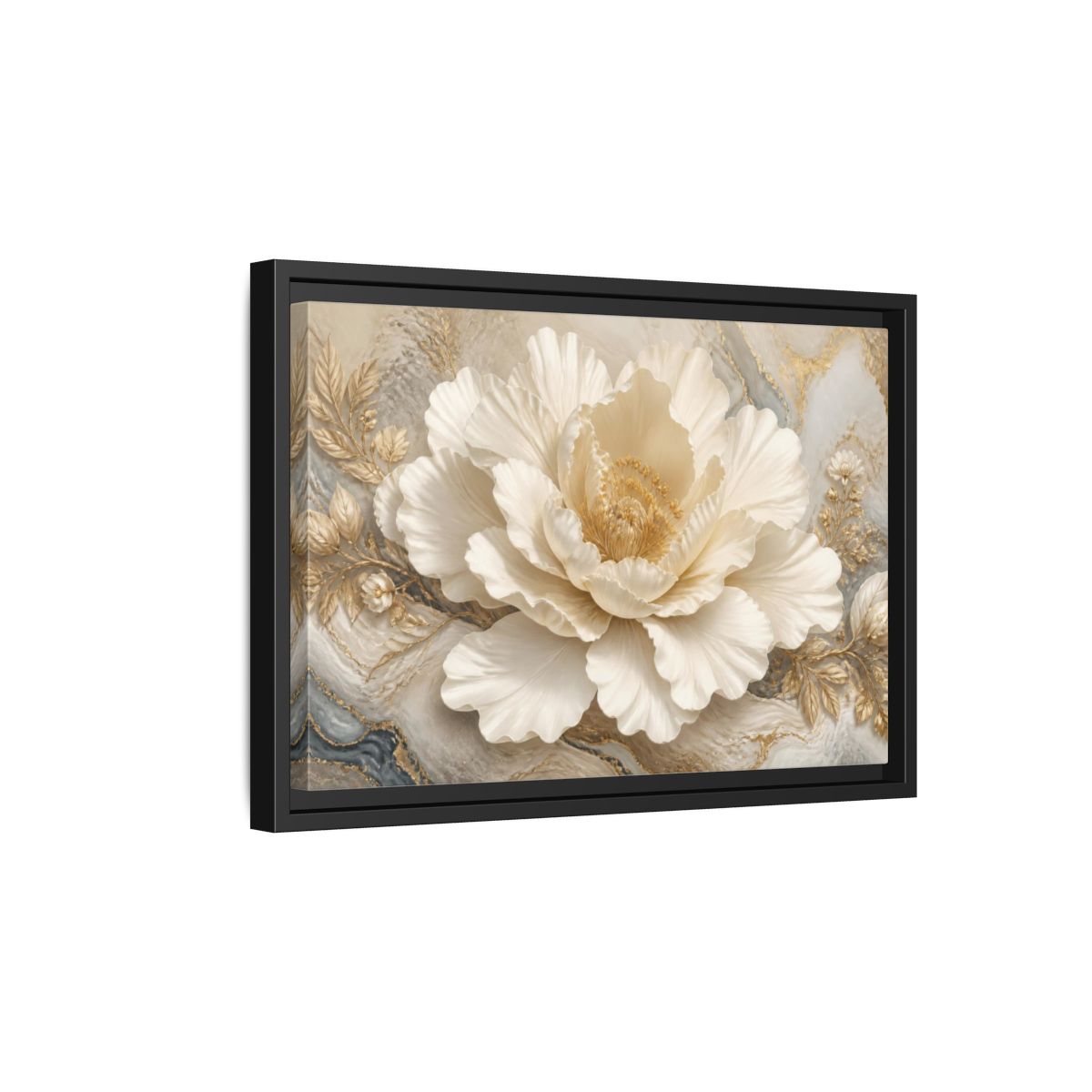Side Mockup 6. Ivory Floral Peony Sculpture shown as framed canvas print