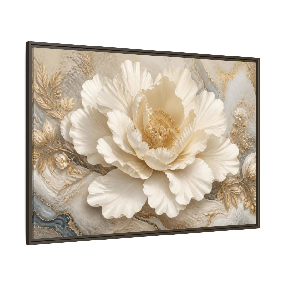 Side Mockup 8. Ivory Floral Peony Sculpture shown as framed canvas print