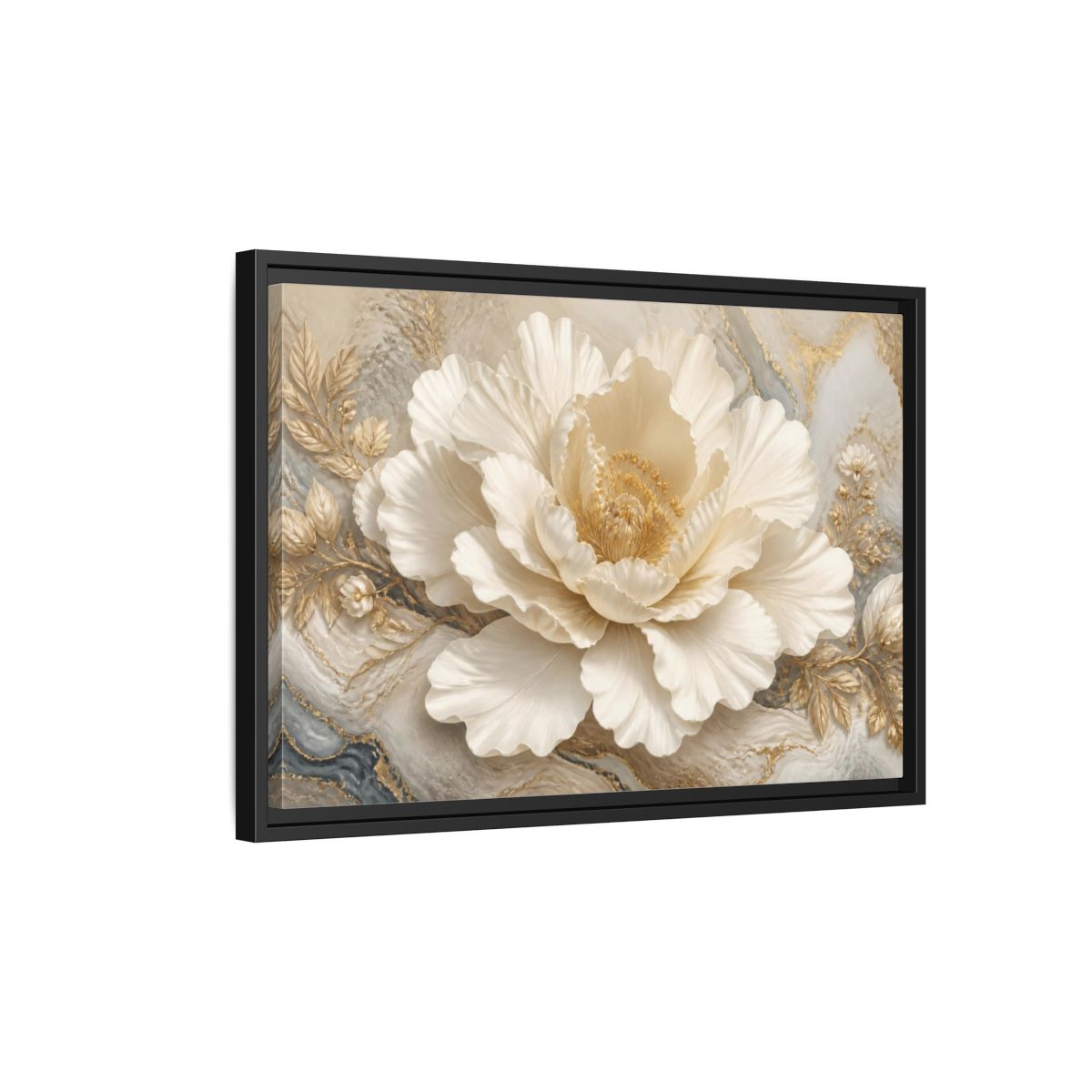 Side Mockup 3. Ivory Floral Peony Sculpture shown as framed canvas print