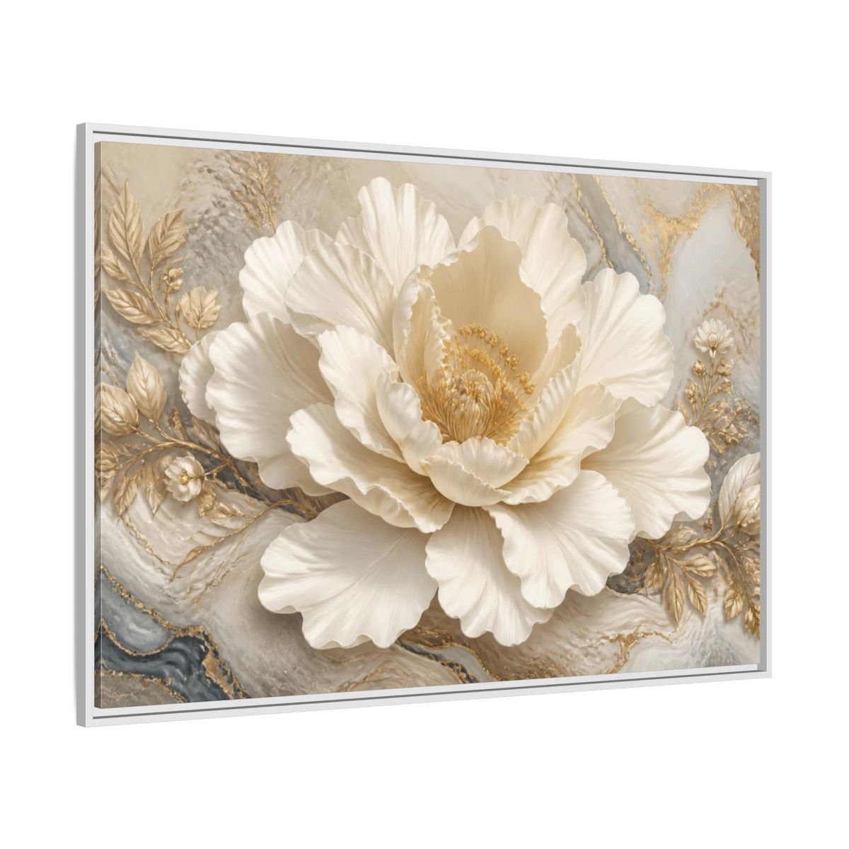 Side Mockup 7. Ivory Floral Peony Sculpture shown as framed canvas print