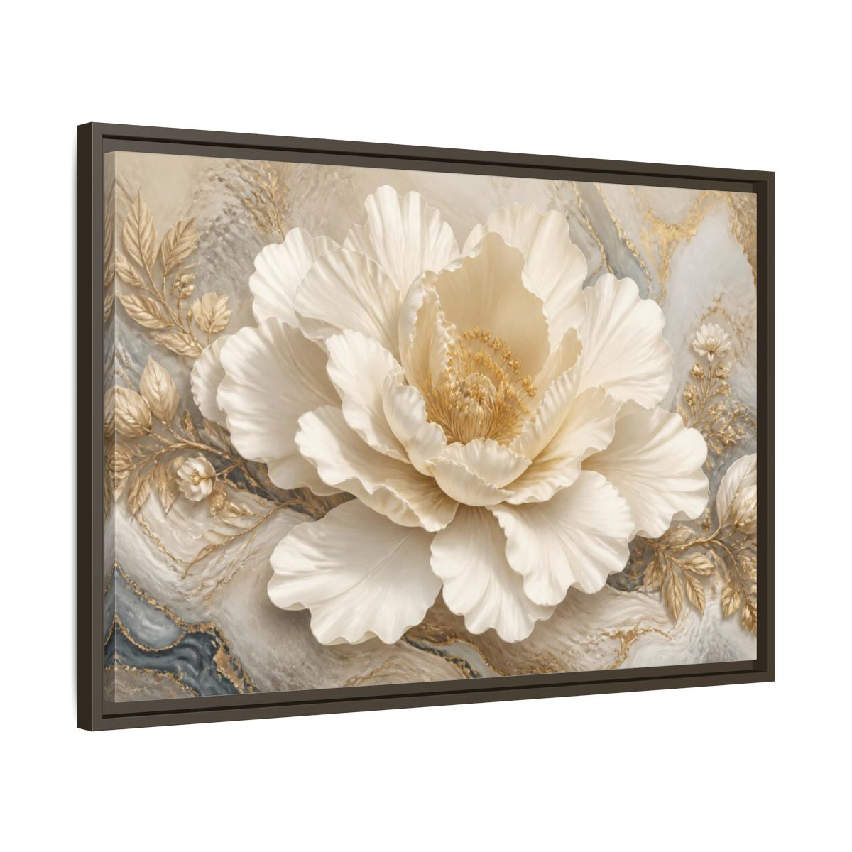 Side Mockup 11. Ivory Floral Peony Sculpture shown as framed canvas print