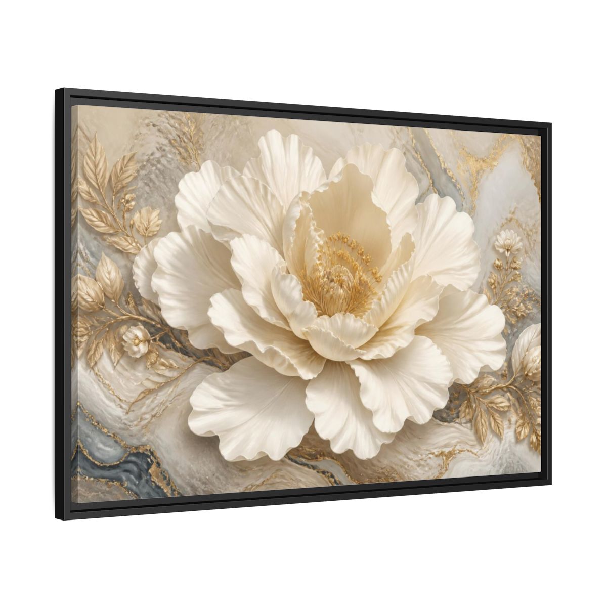 Side Mockup 13. Ivory Floral Peony Sculpture shown as framed canvas print