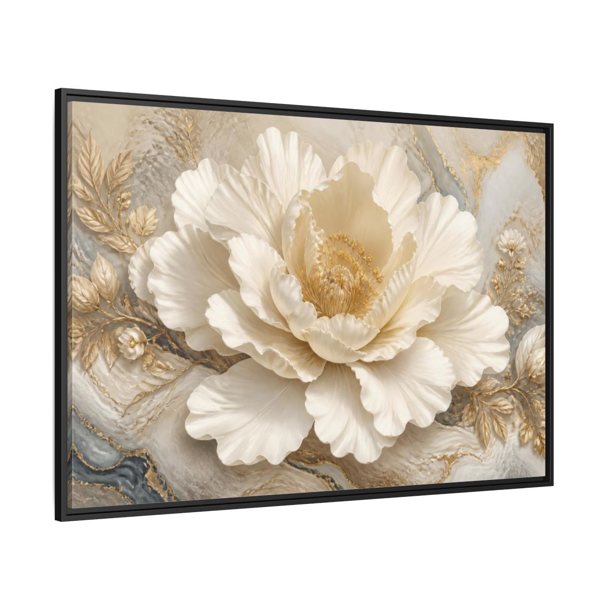 Side Mockup 12. Ivory Floral Peony Sculpture shown as framed canvas print