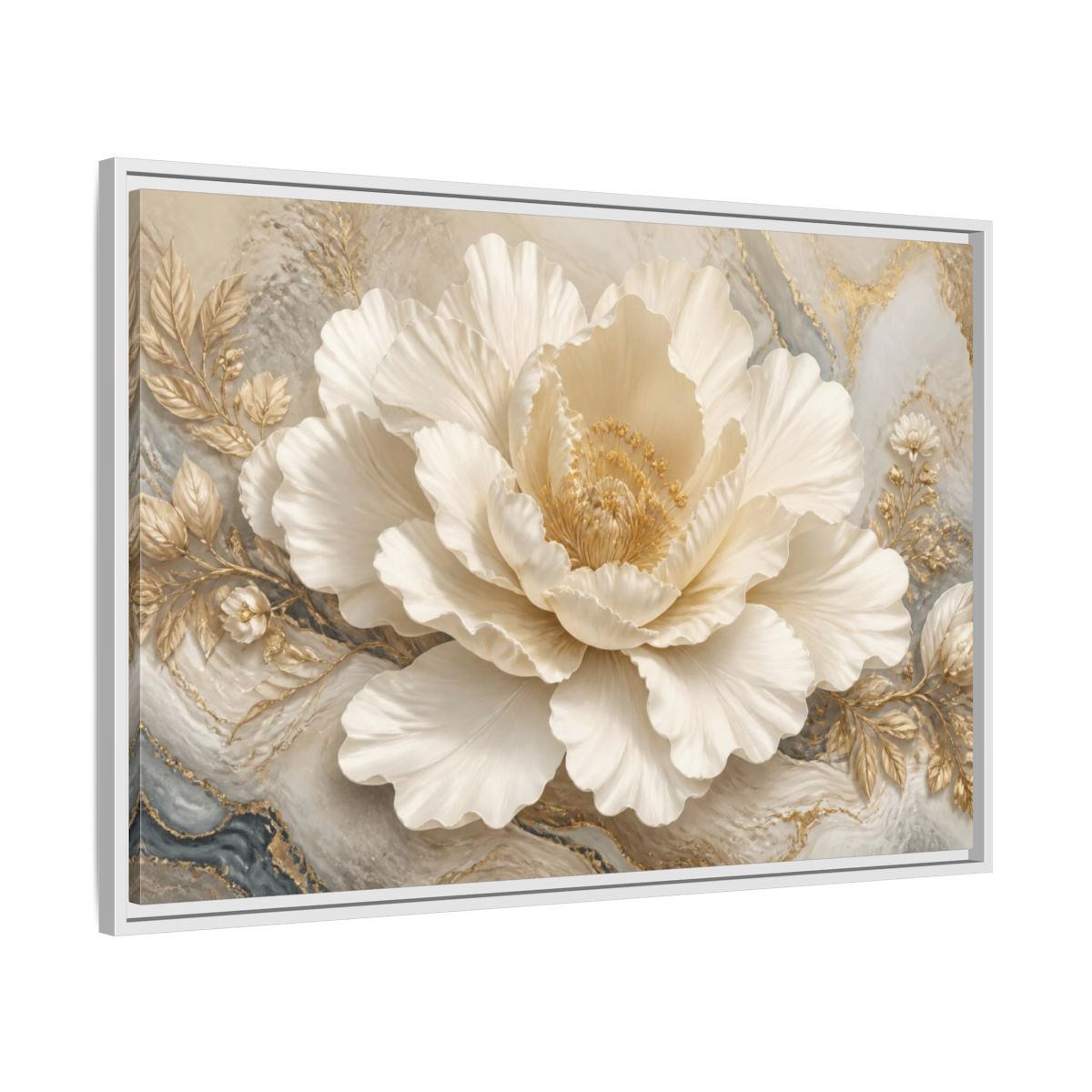 Side Mockup 9. Ivory Floral Peony Sculpture shown as framed canvas print