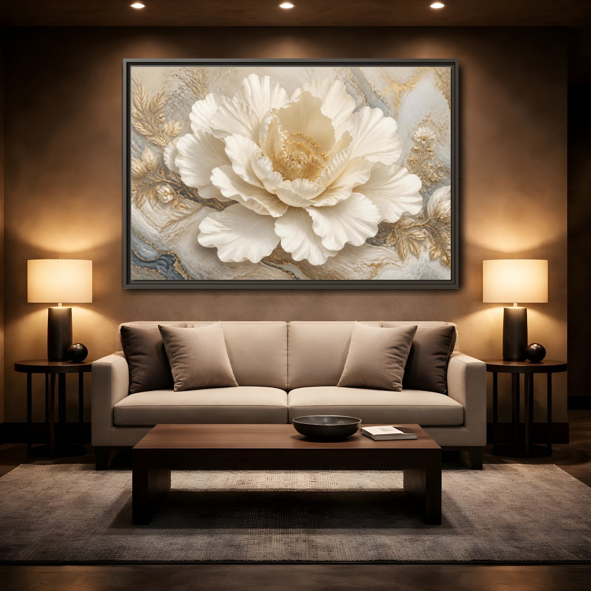 Mockup 2. Ivory Floral Peony Sculpture shown as framed canvas print