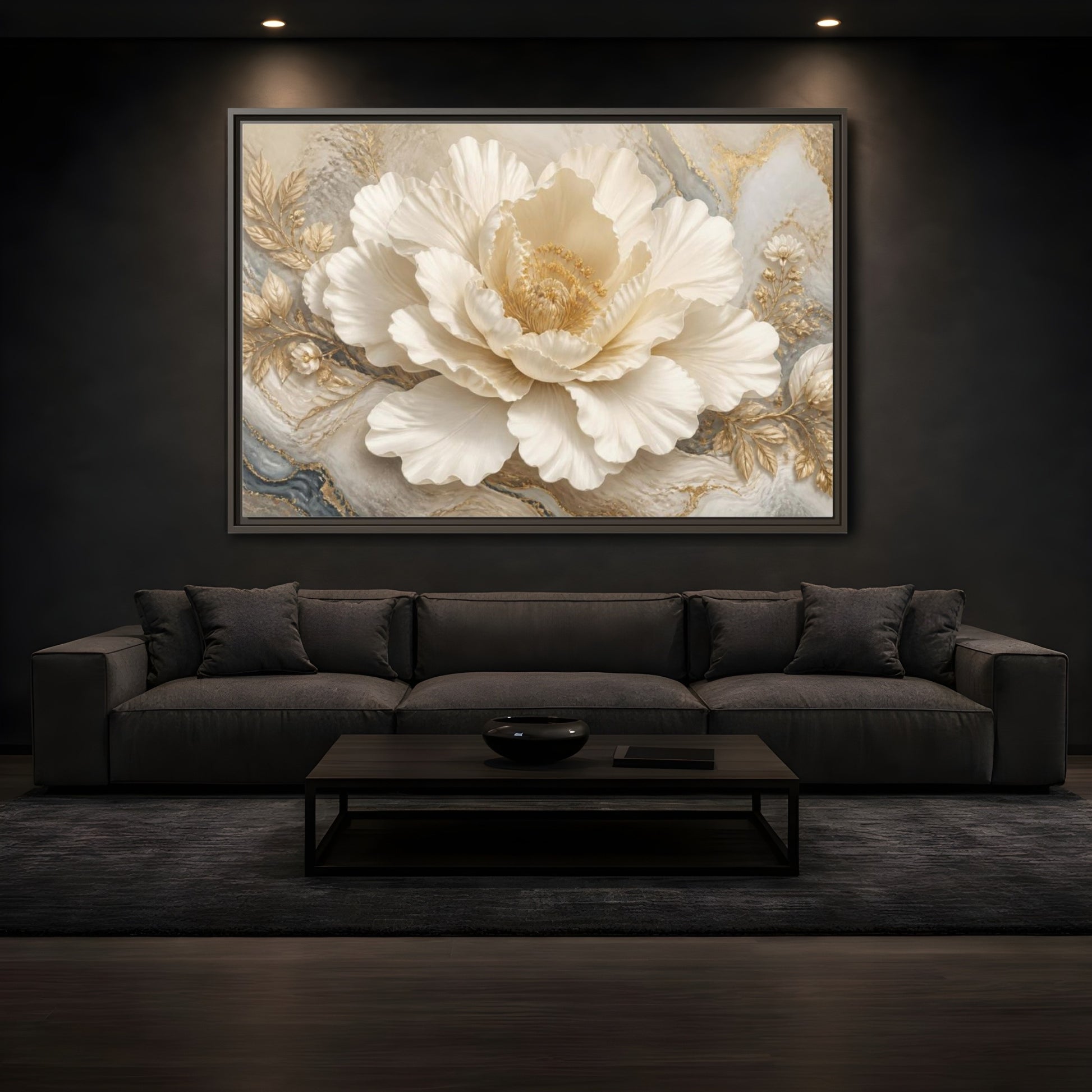 Mockup 3. Ivory Floral Peony Sculpture shown as framed canvas print