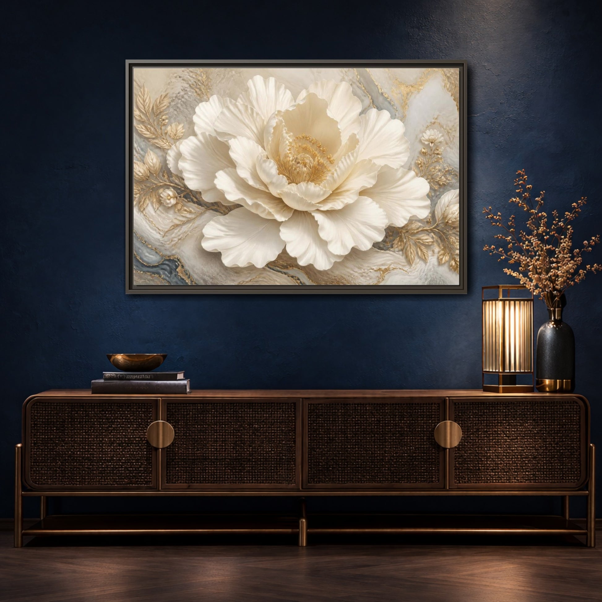 Mockup 4. Ivory Floral Peony Sculpture shown as framed canvas print