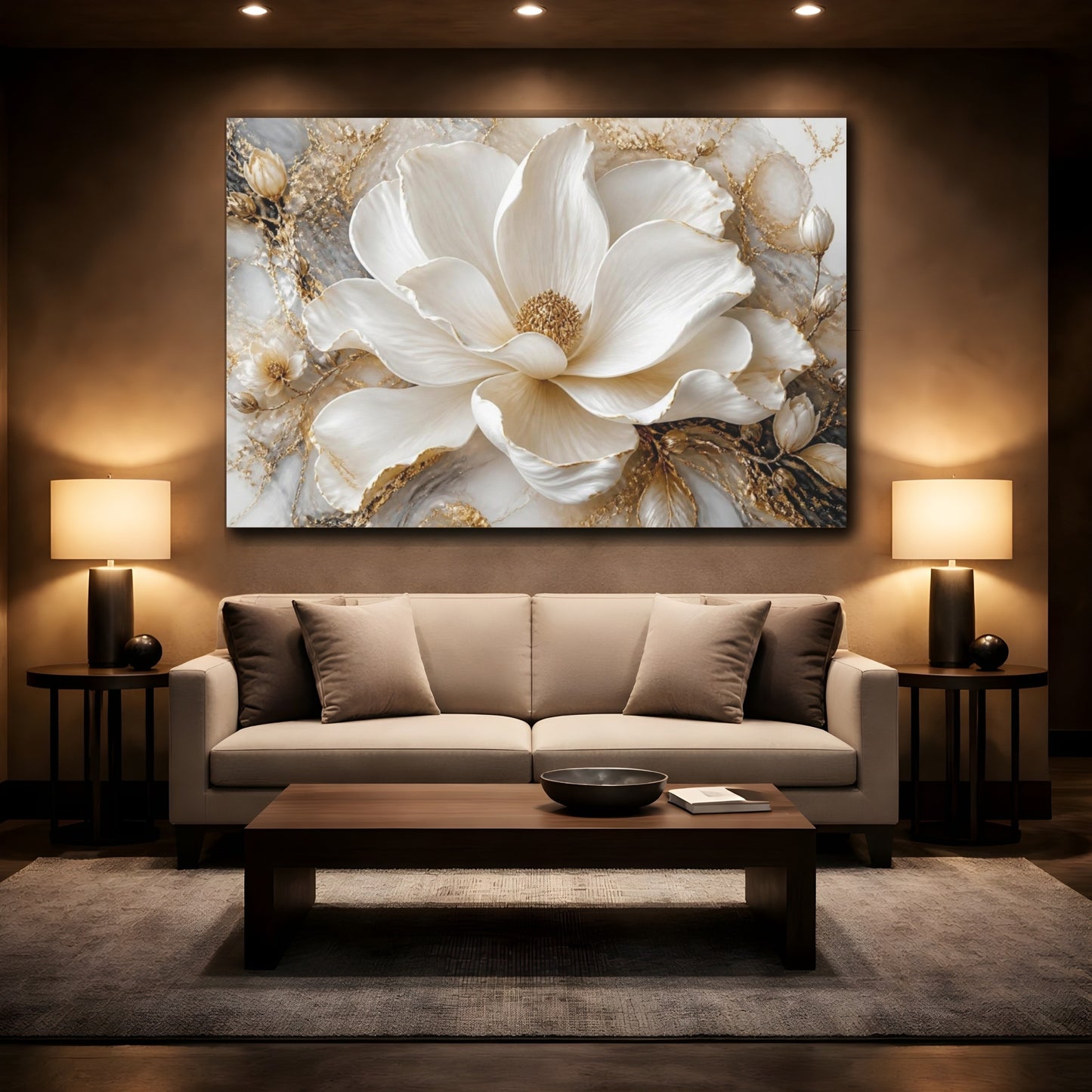 Mockup 2. Ivory Flower & Gold shown as canvas print