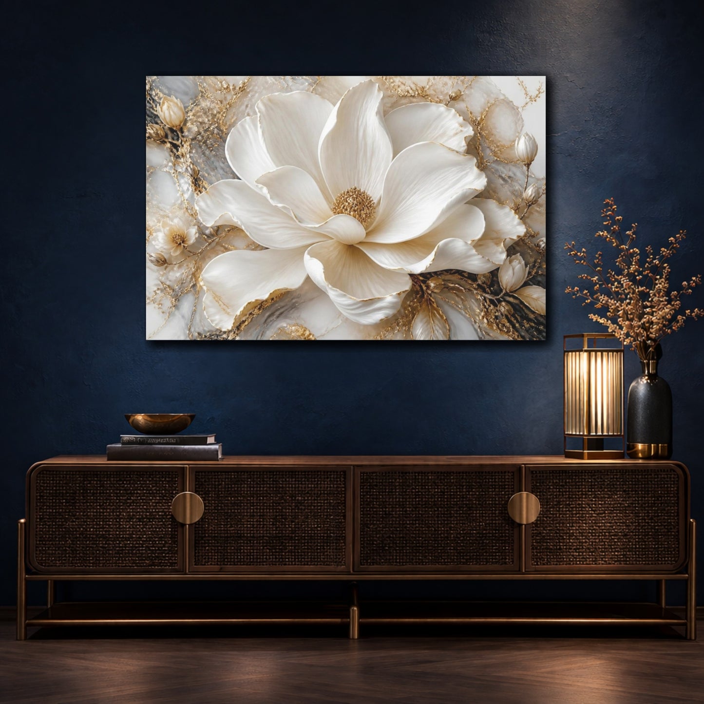 Mockup 4. Ivory Flower & Gold shown as canvas print