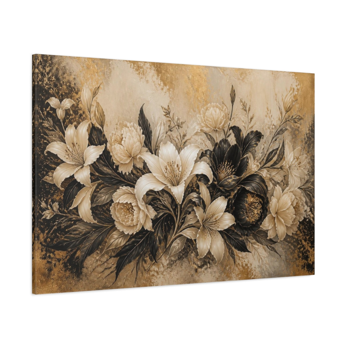 Side Mockup 1. Ivory & Gold Floral Elegance shown as canvas print