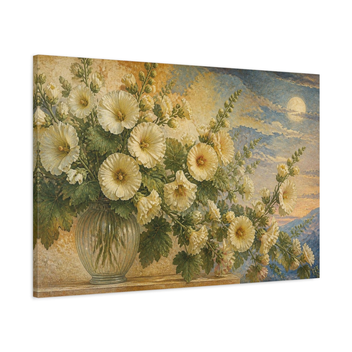 Main Mockup. Ivory Hollyhocks Floral shown as canvas print