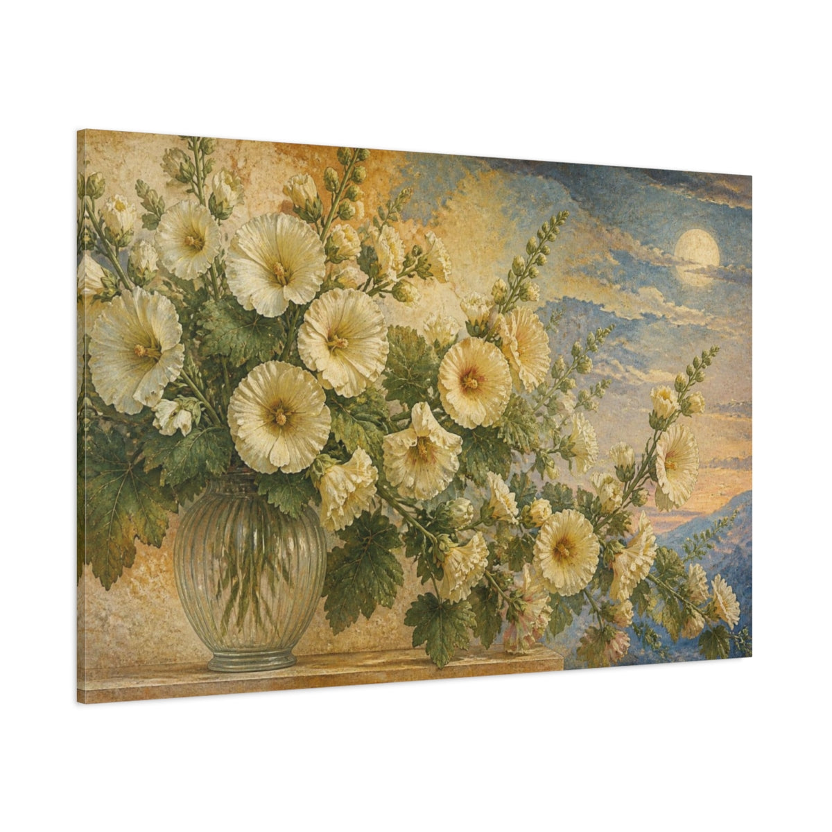 Side Mockup 1. Ivory Hollyhocks Floral shown as canvas print