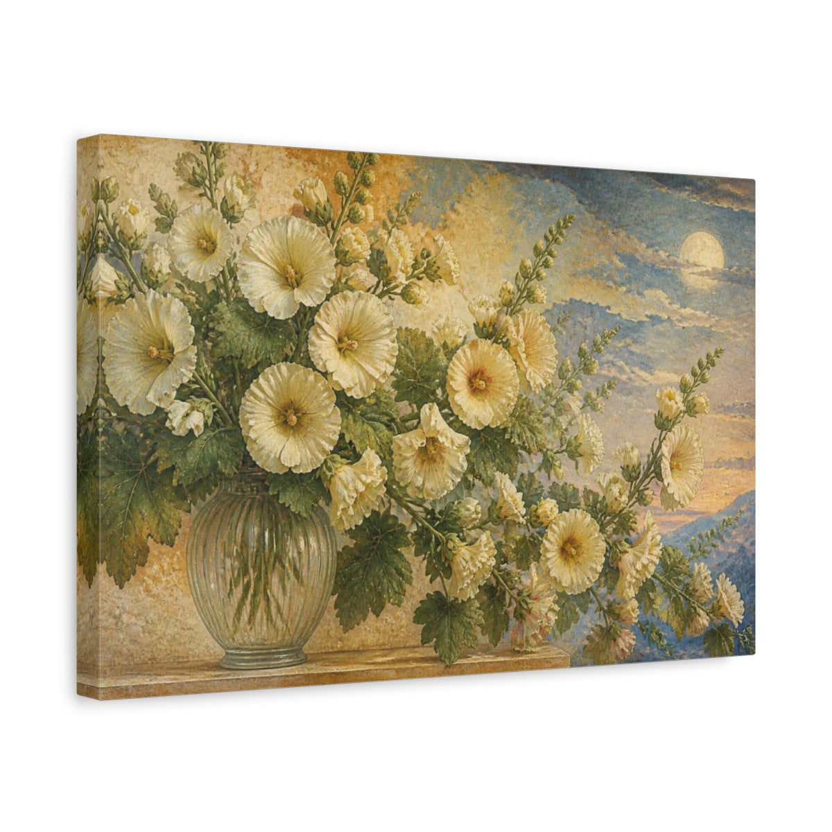 Side Mockup 4. Ivory Hollyhocks Floral shown as canvas print