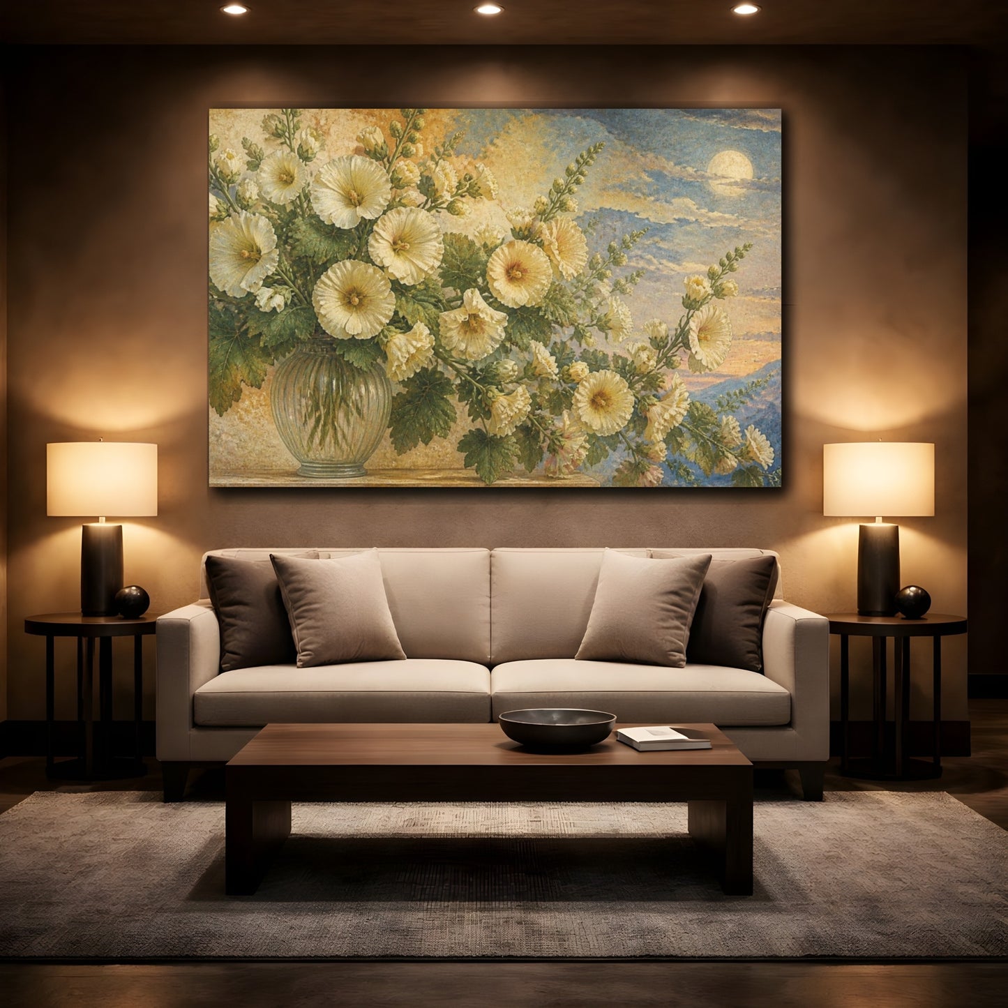 Mockup 2. Ivory Hollyhocks Floral shown as canvas print