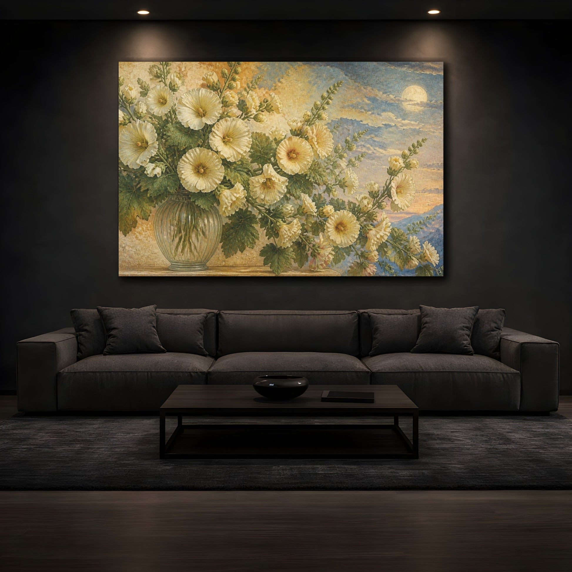 Mockup 3. Ivory Hollyhocks Floral shown as canvas print