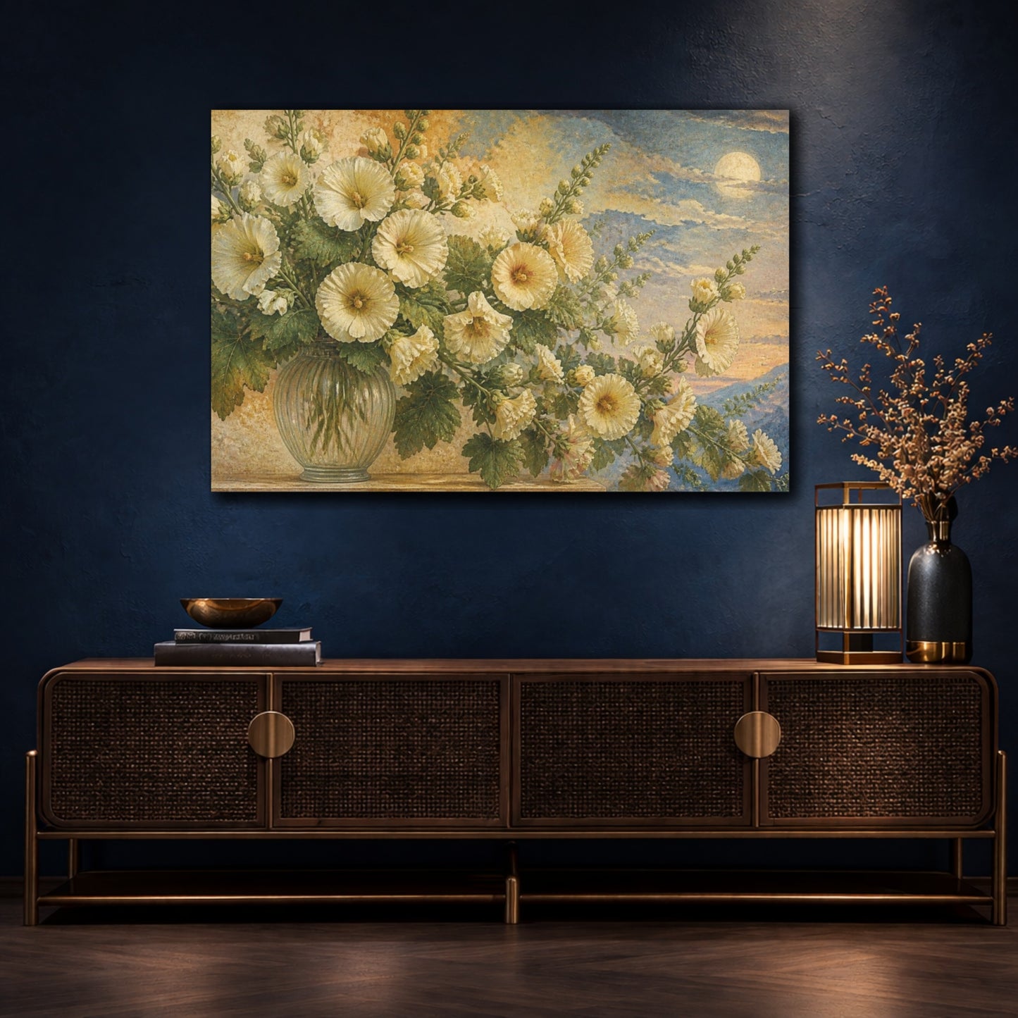 Mockup 4. Ivory Hollyhocks Floral shown as canvas print