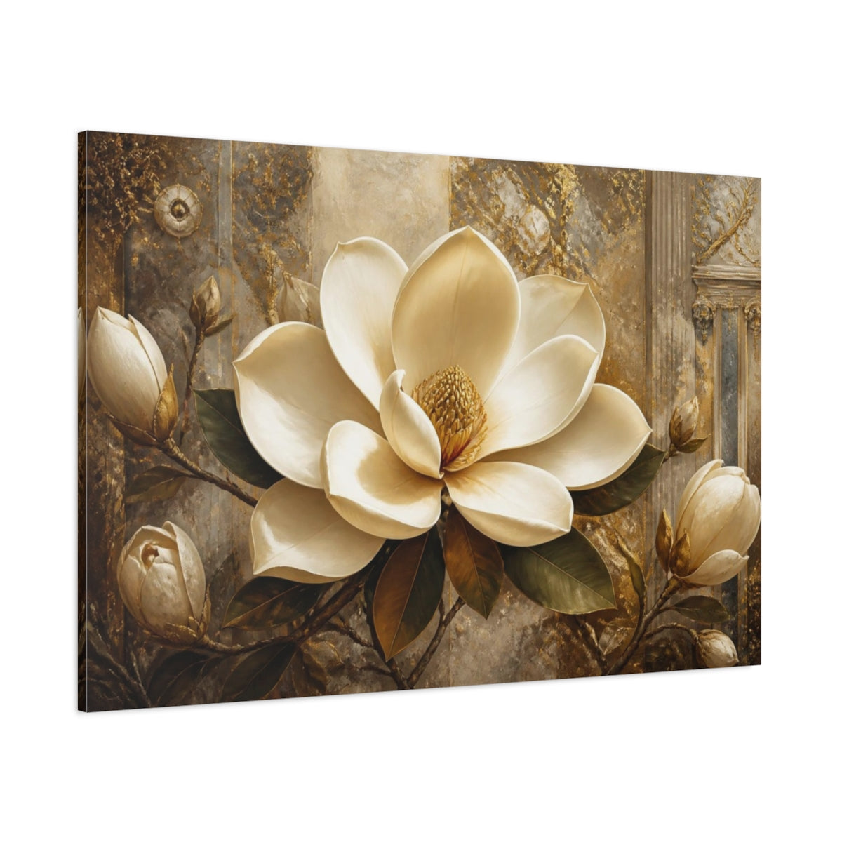 Side Mockup 1. Ivory Magnolia Grandeur shown as canvas print