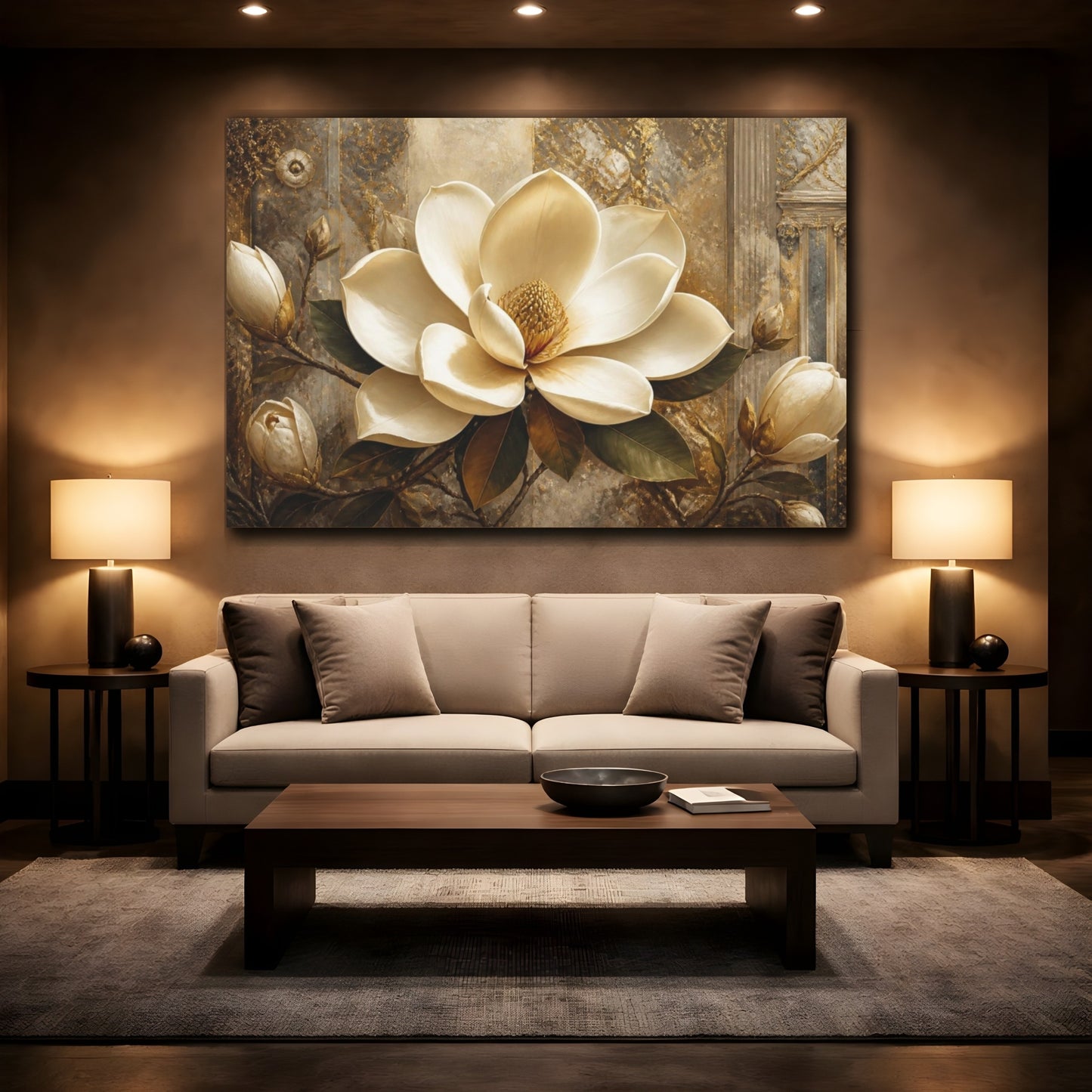 Mockup 2. Ivory Magnolia Grandeur shown as canvas print