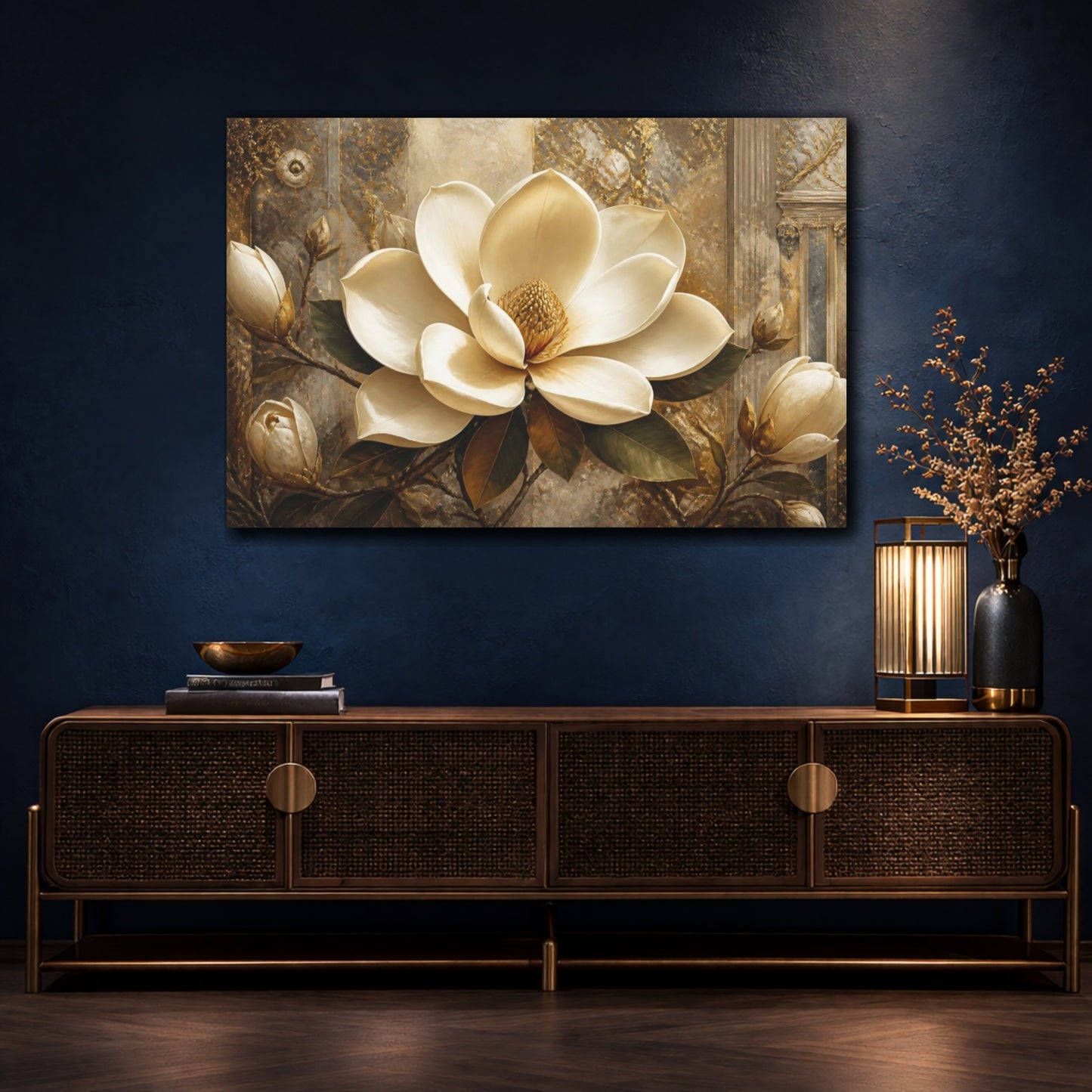 Mockup 4. Ivory Magnolia Grandeur shown as canvas print