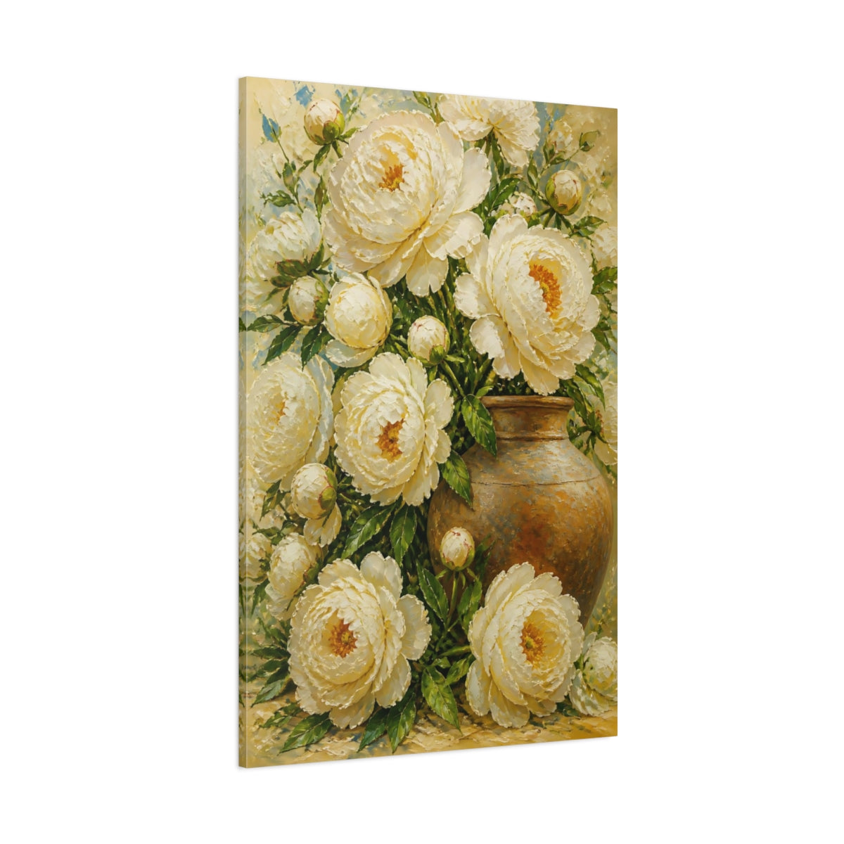 Side Mockup 1. Ivory Peony Flowers In Vase shown as canvas print