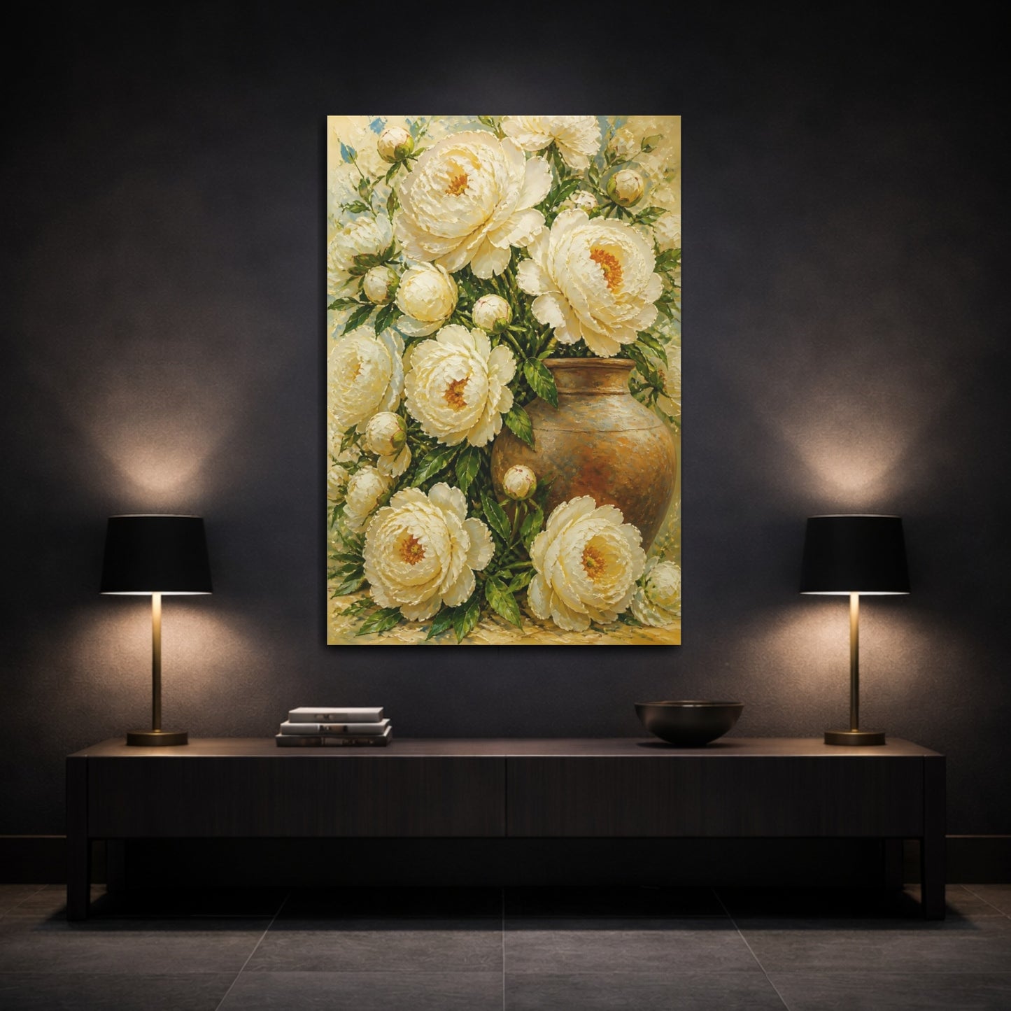 Mockup 3. Ivory Peony Flowers In Vase shown as canvas print