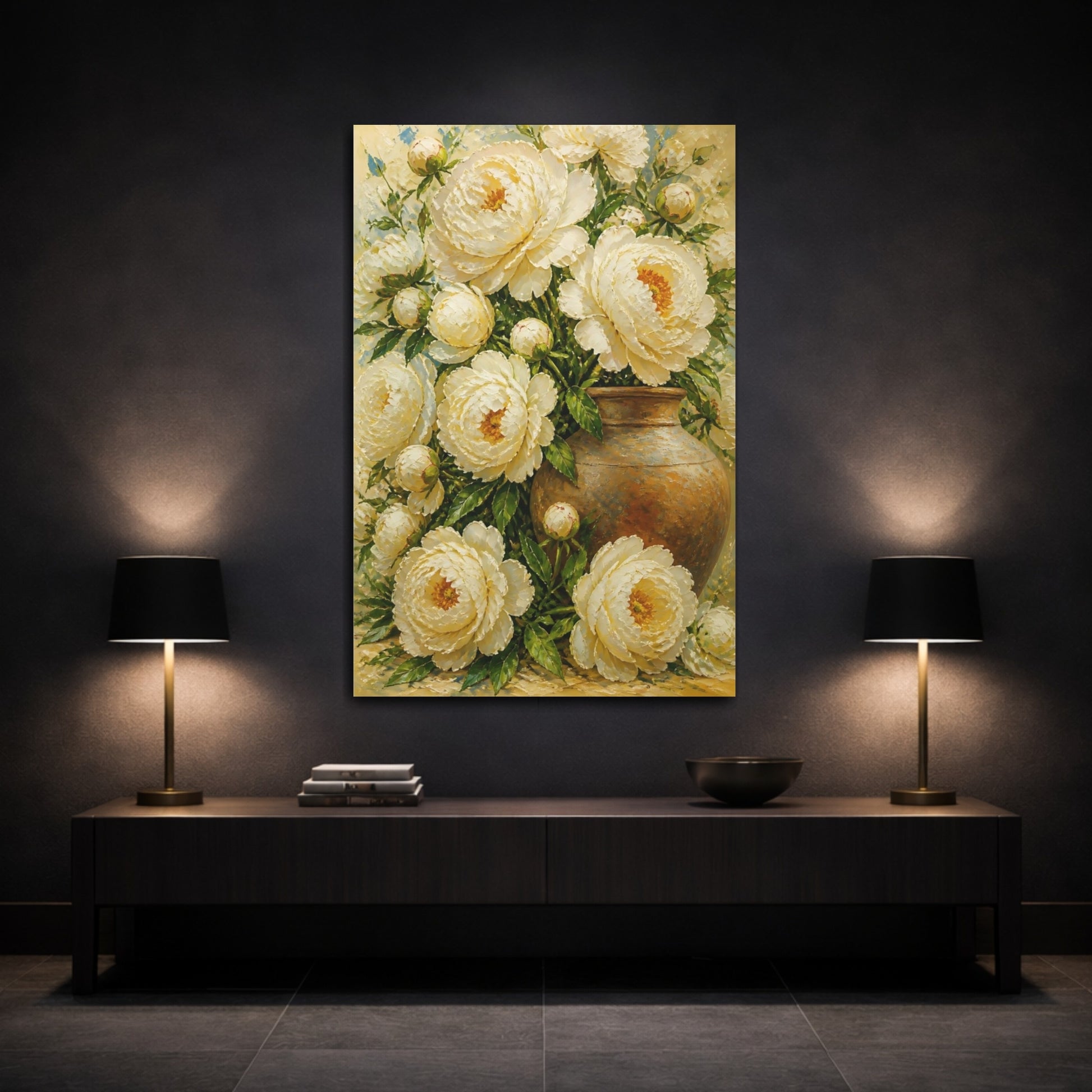 Mockup 3. Ivory Peony Flowers In Vase shown as canvas print