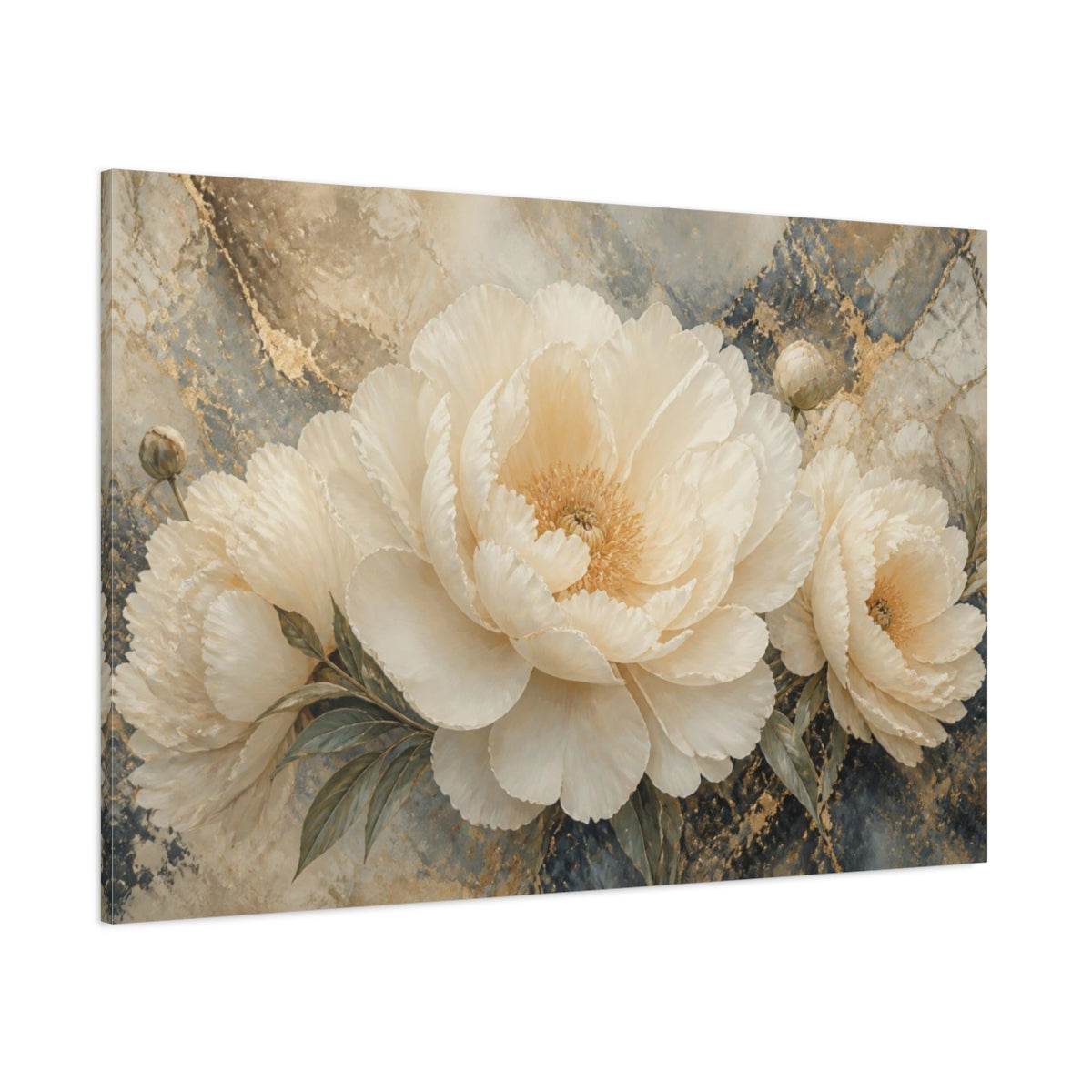 Side Mockup 1. Ivory Peony On Marble shown as canvas print