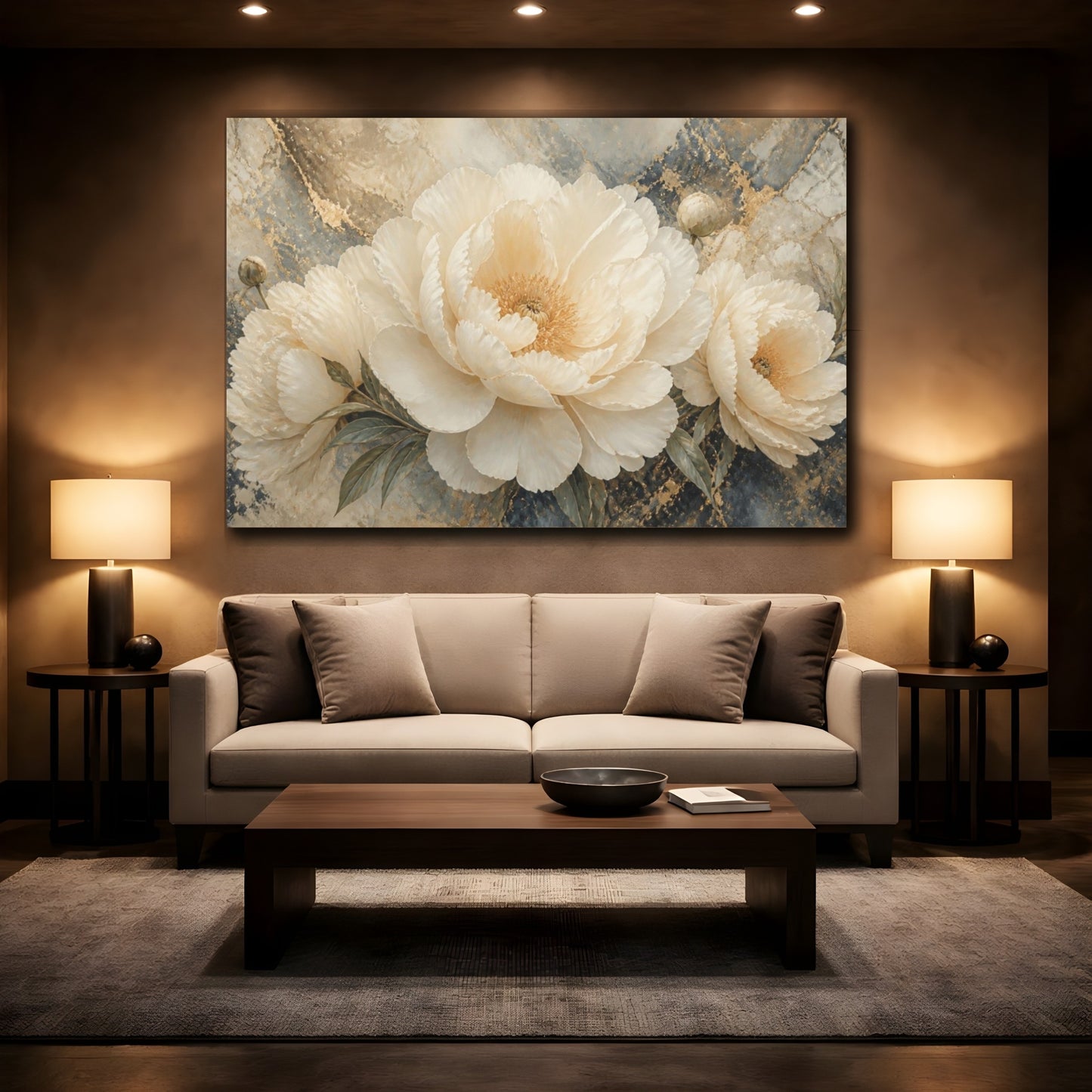 Mockup 2. Ivory Peony On Marble shown as canvas print
