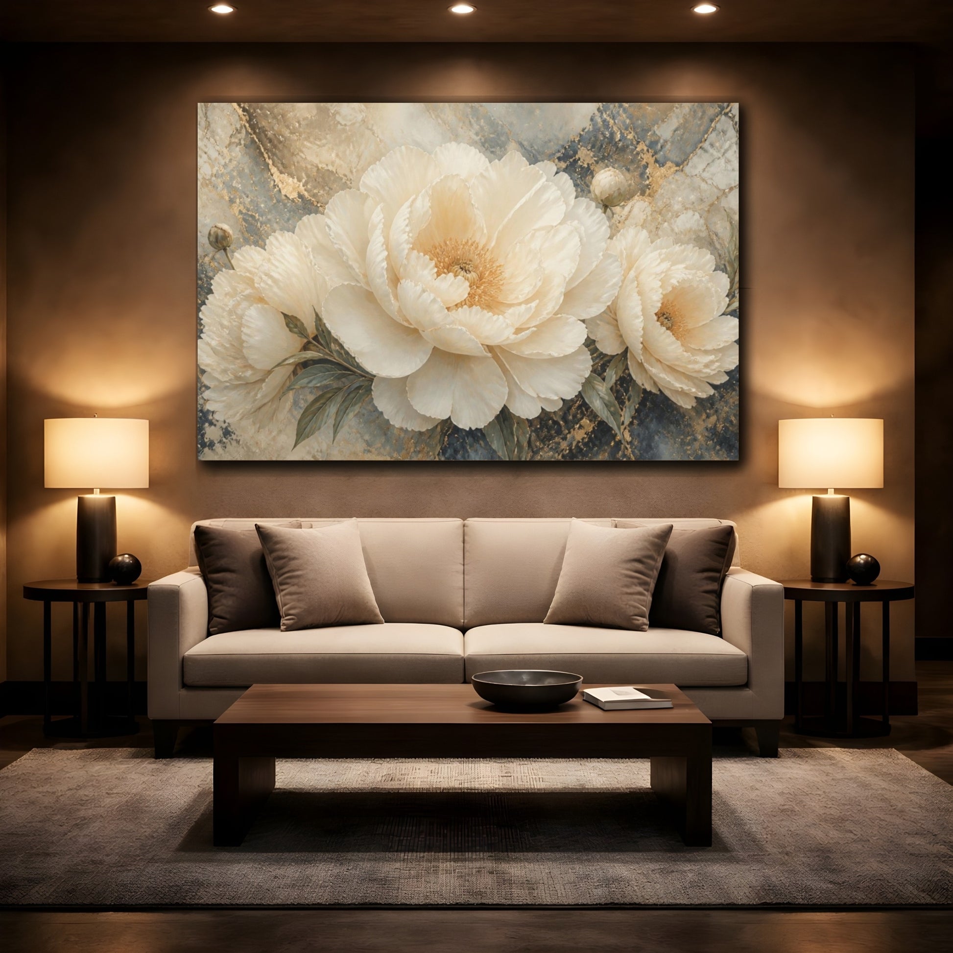 Mockup 2. Ivory Peony On Marble shown as canvas print