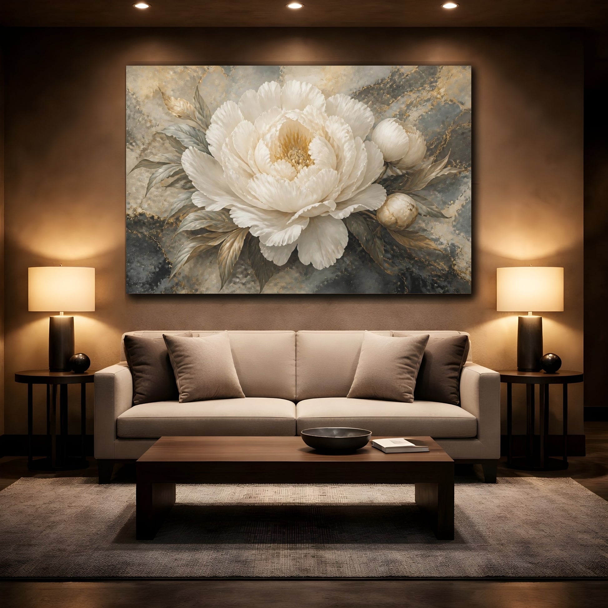 Mockup 2. Ivory Peony On Marble shown as canvas print
