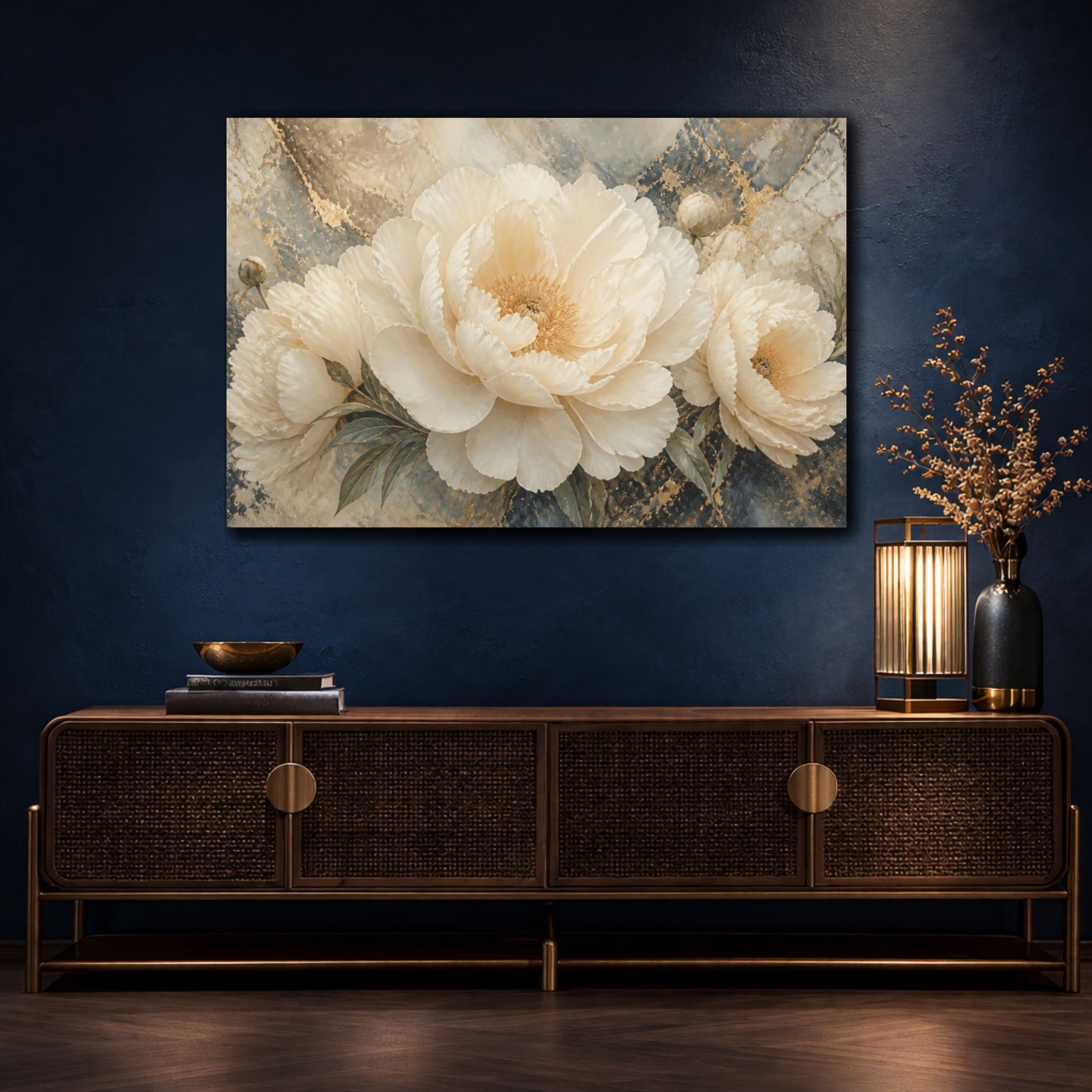 Mockup 4. Ivory Peony On Marble shown as canvas print