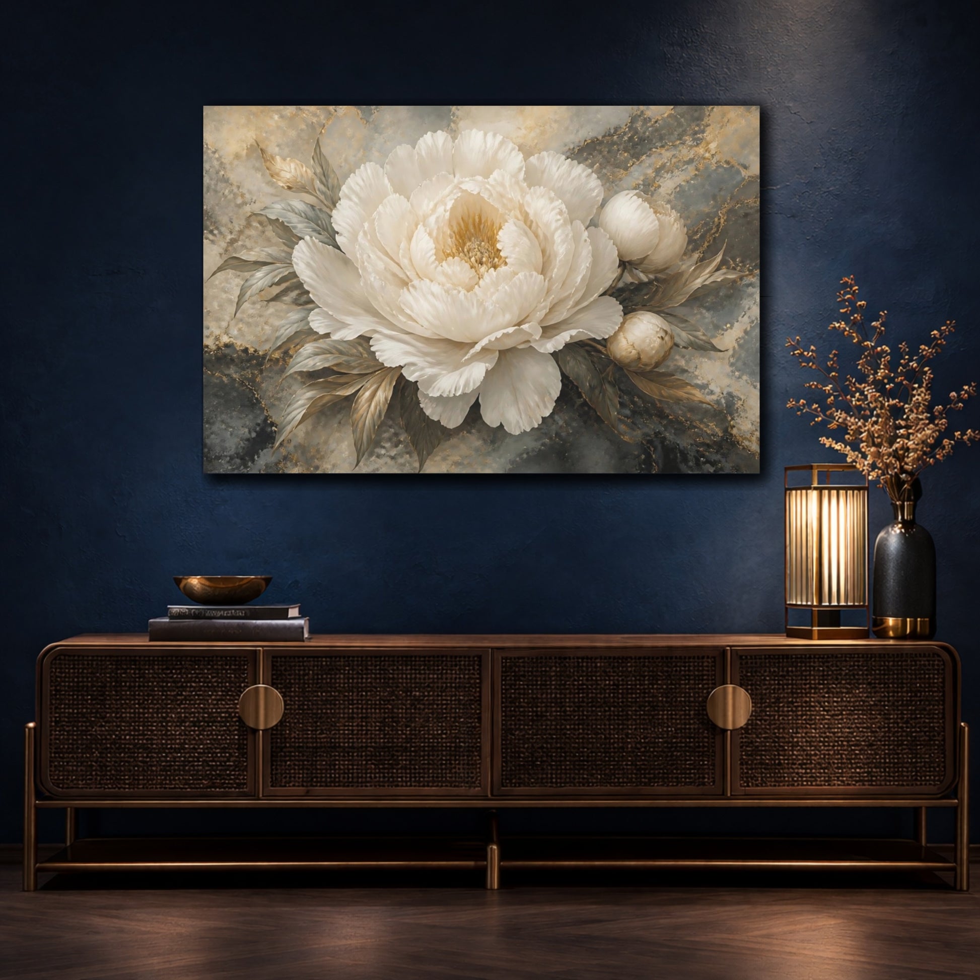 Mockup 4. Ivory Peony On Marble shown as canvas print