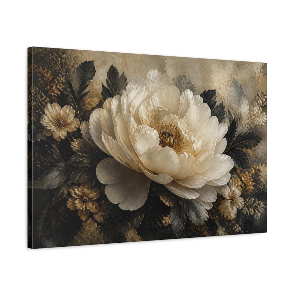 Side Mockup 2. Ivory Peony With Gold Accents shown as canvas print