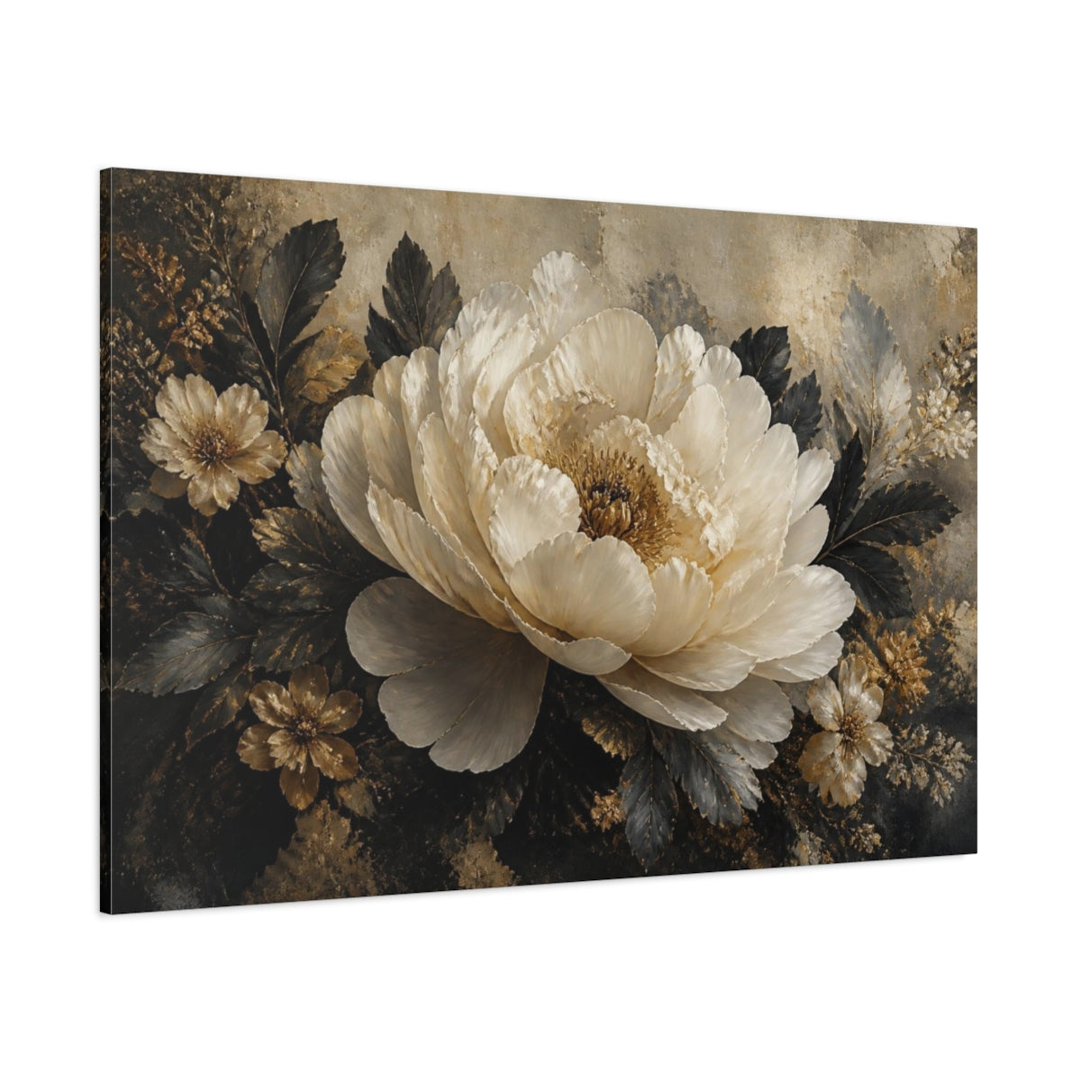 Side Mockup 1. Ivory Peony With Gold Accents shown as canvas print