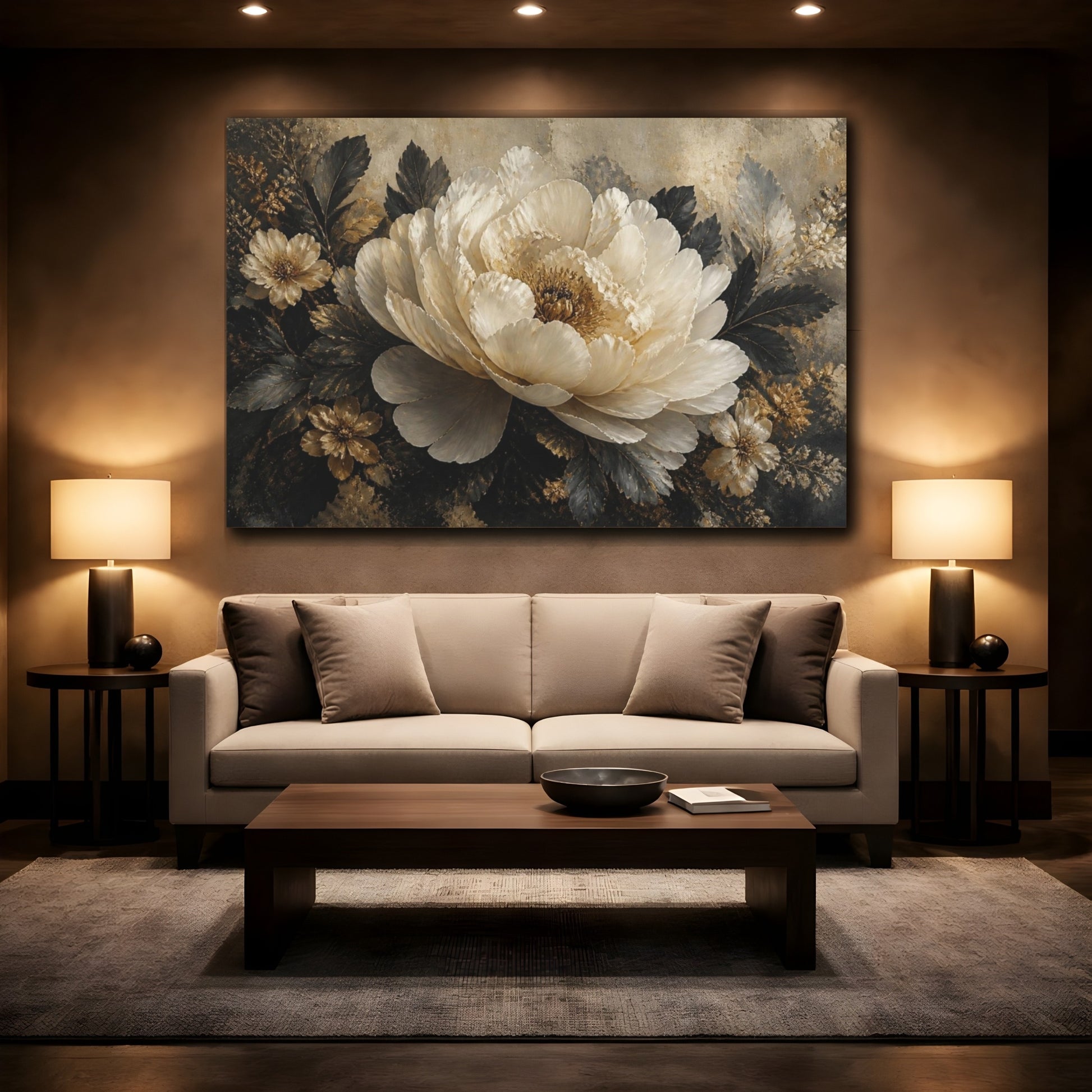 Mockup 2. Ivory Peony With Gold Accents shown as canvas print