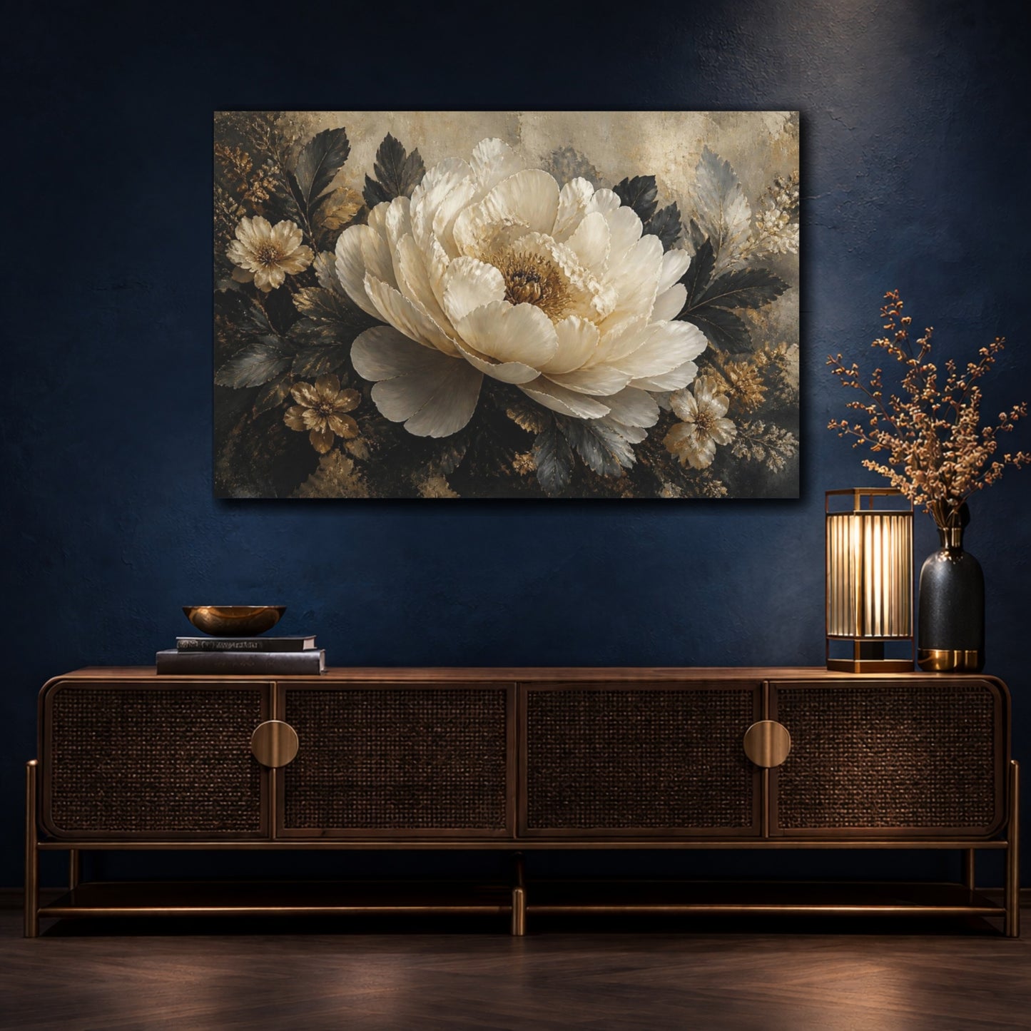 Mockup 4. Ivory Peony With Gold Accents shown as canvas print