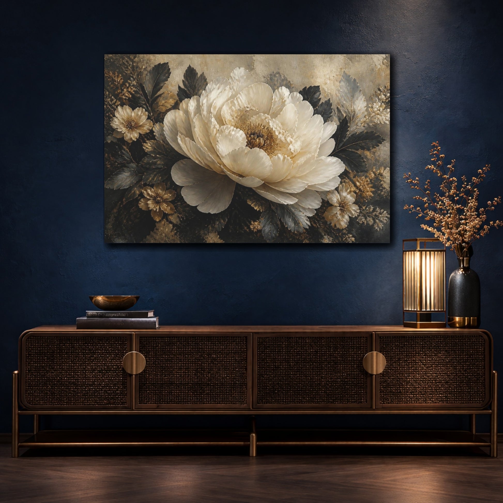 Mockup 4. Ivory Peony With Gold Accents shown as canvas print