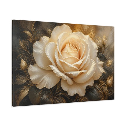 Main Mockup. Ivory Rose With Gold Trim shown as canvas print