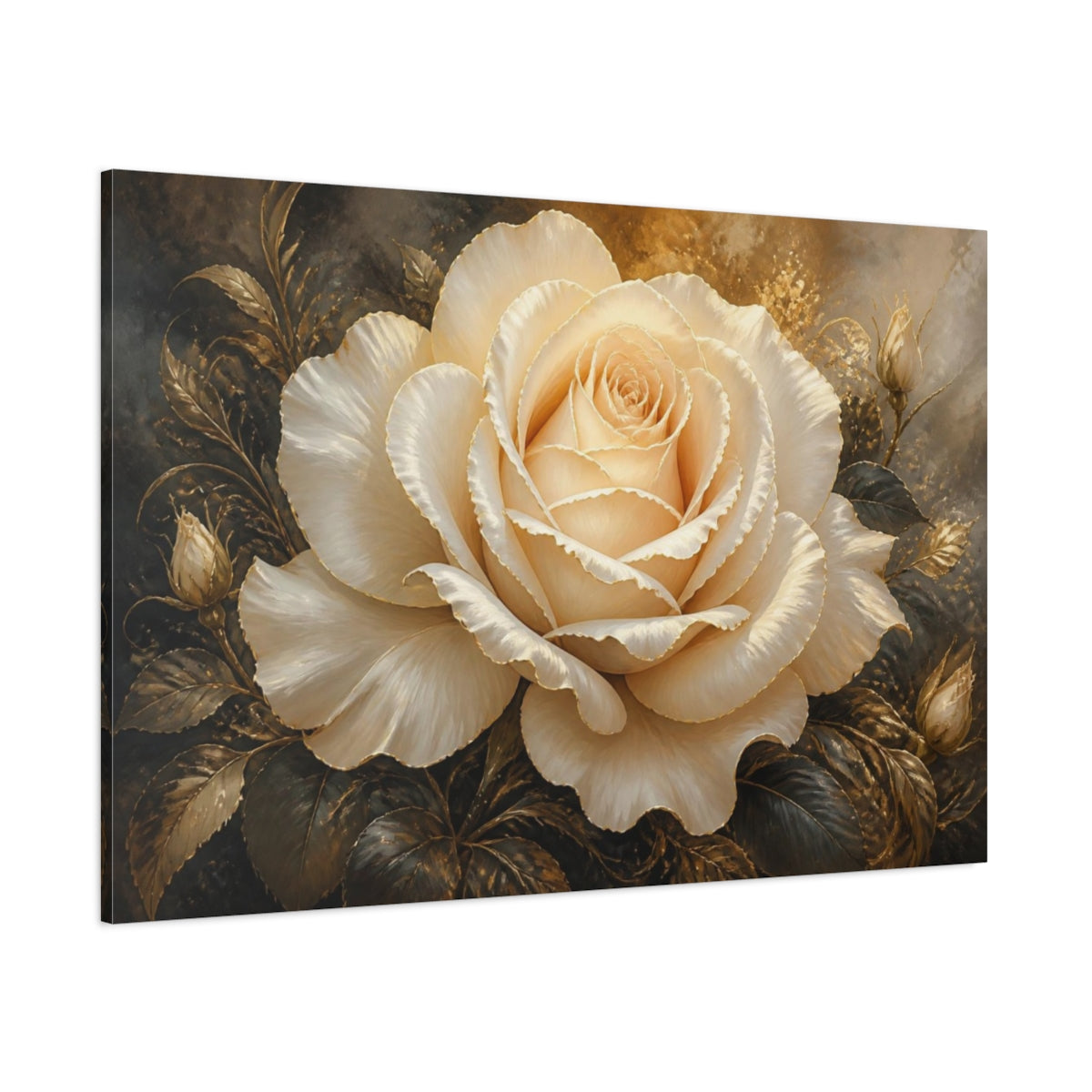 Side Mockup 1. Ivory Rose With Gold Trim shown as canvas print