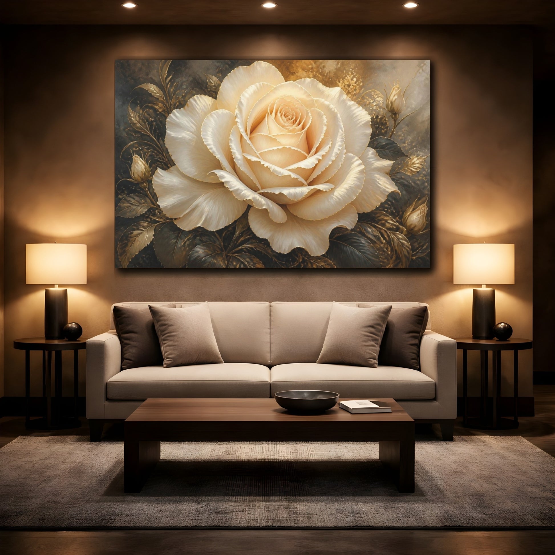 Mockup 2. Ivory Rose With Gold Trim shown as canvas print