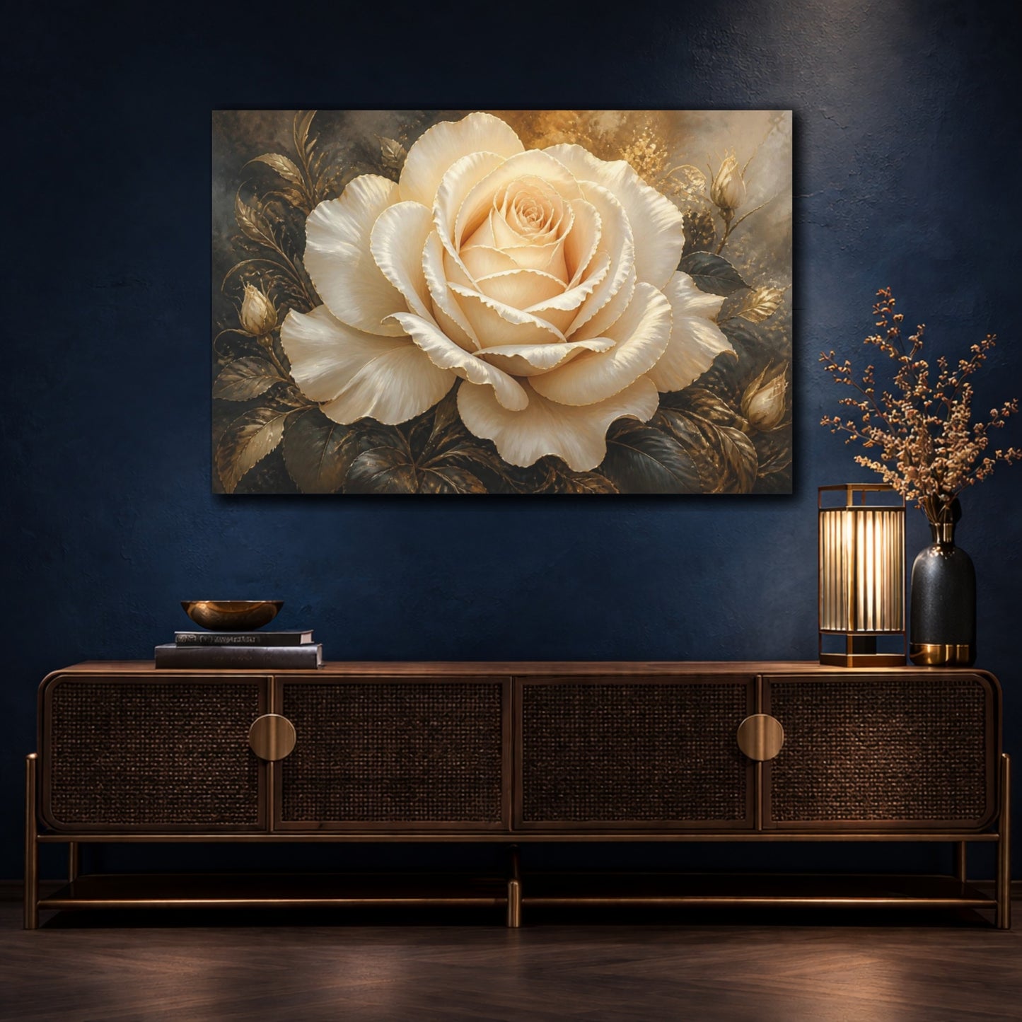 Mockup 4. Ivory Rose With Gold Trim shown as canvas print