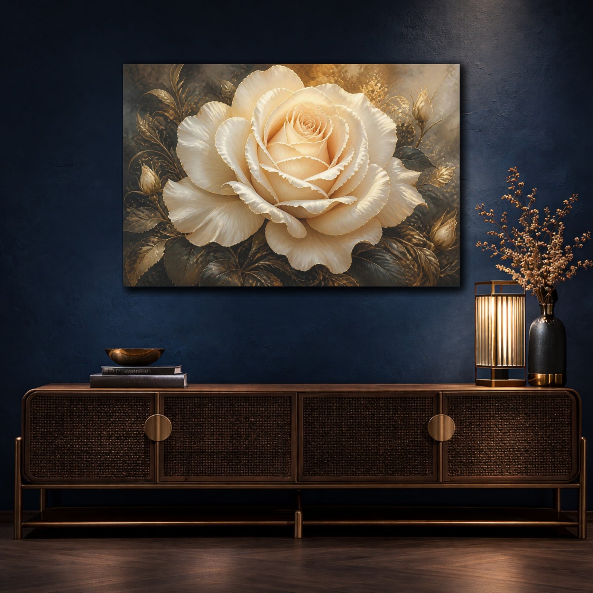 Mockup 4. Ivory Rose With Gold Trim shown as canvas print