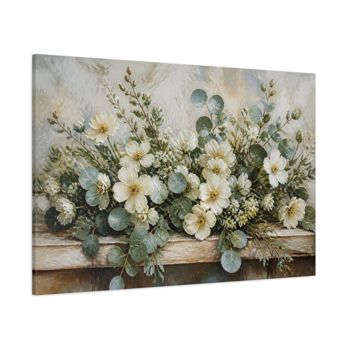 Side Mockup 1. Ivory Wildflowers & Eucalyptus shown as canvas print