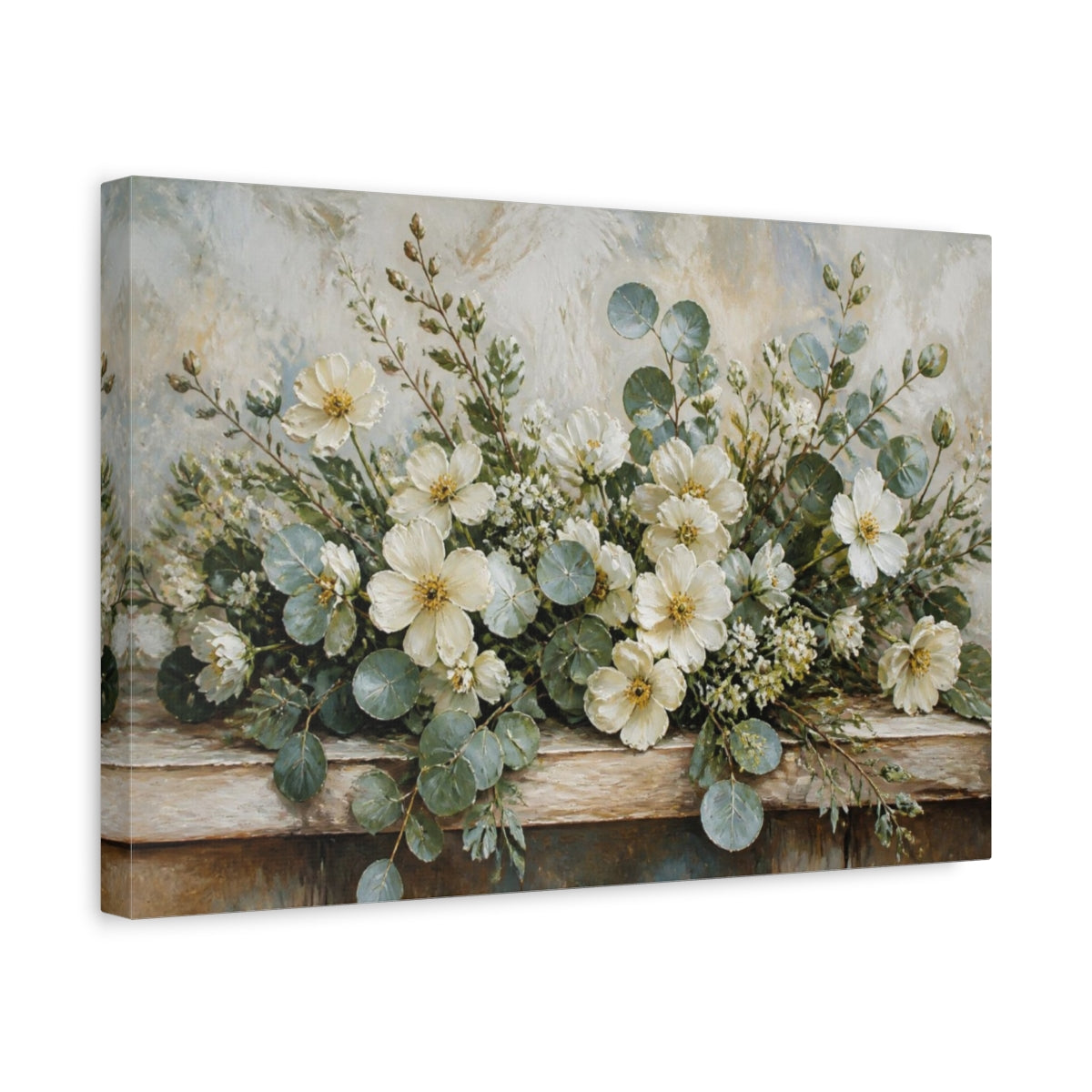 Side Mockup 4. Ivory Wildflowers & Eucalyptus shown as canvas print