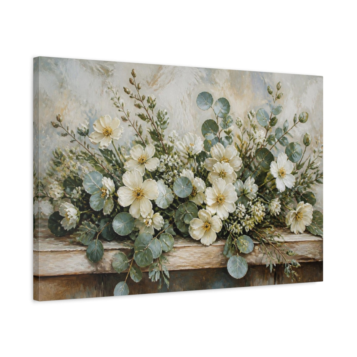Side Mockup 2. Ivory Wildflowers & Eucalyptus shown as canvas print
