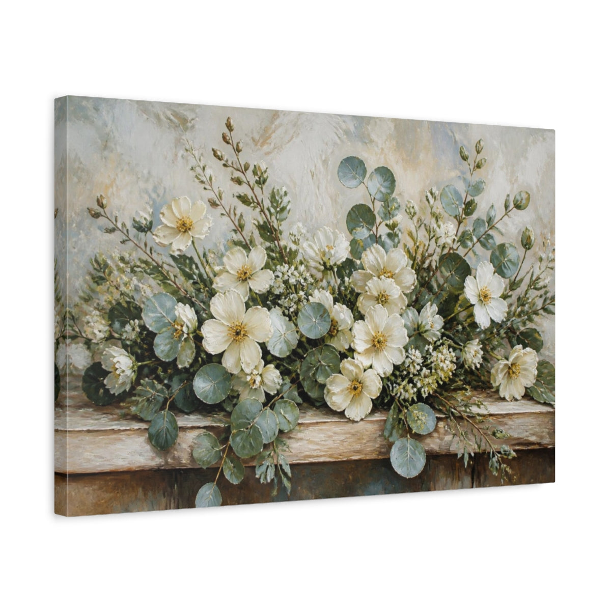 Side Mockup 3. Ivory Wildflowers & Eucalyptus shown as canvas print