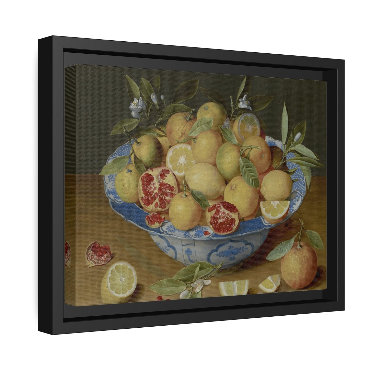 Jacob van Hulsdonck Still Life with Lemons Oranges and a Pomegranate - Framed Canvas Wall Art Print in Black Pinewood Frame