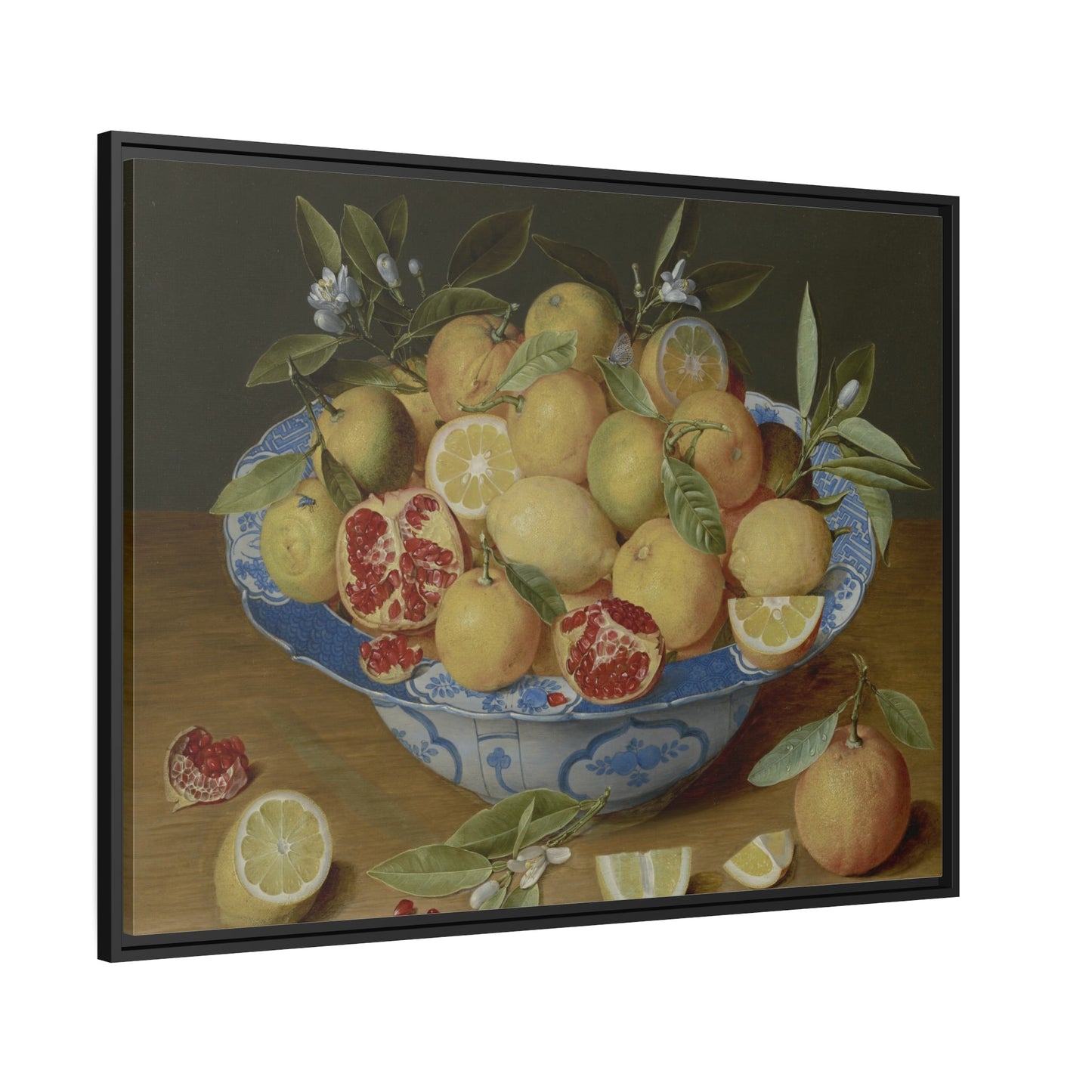 Jacob van Hulsdonck Still Life with Lemons Oranges and a Pomegranate - Framed Canvas Wall Art Print in Black Pinewood Frame